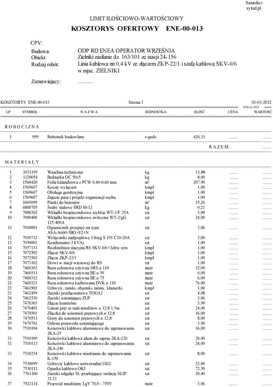 . KOSZTORYS ENE-00-013 Strona 1 01-03-2012 LP SYMBOL N A Z W A OSTKA ILOŚĆ CENA WARTOŚĆ R O B O C I Z N A 1 999 Robotnik budowlany r-godz 426,11 R A Z E M : M A T E R I A Ł Y 1 1031199 Wazelina