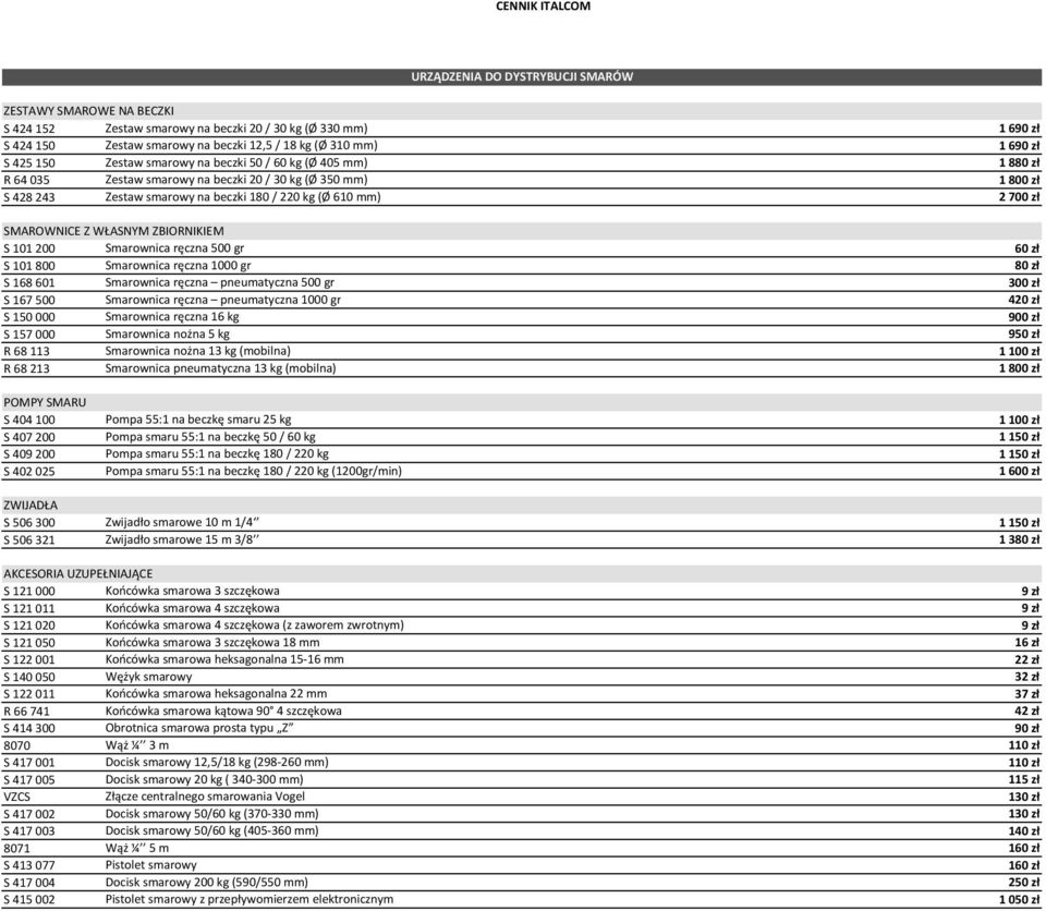 SMAROWNICE Z WŁASNYM ZBIORNIKIEM S 101 200 Smarownica ręczna 500 gr 60 zł S 101 800 Smarownica ręczna 1000 gr 80 zł S 168 601 Smarownica ręczna pneumatyczna 500 gr 300 zł S 167 500 Smarownica ręczna