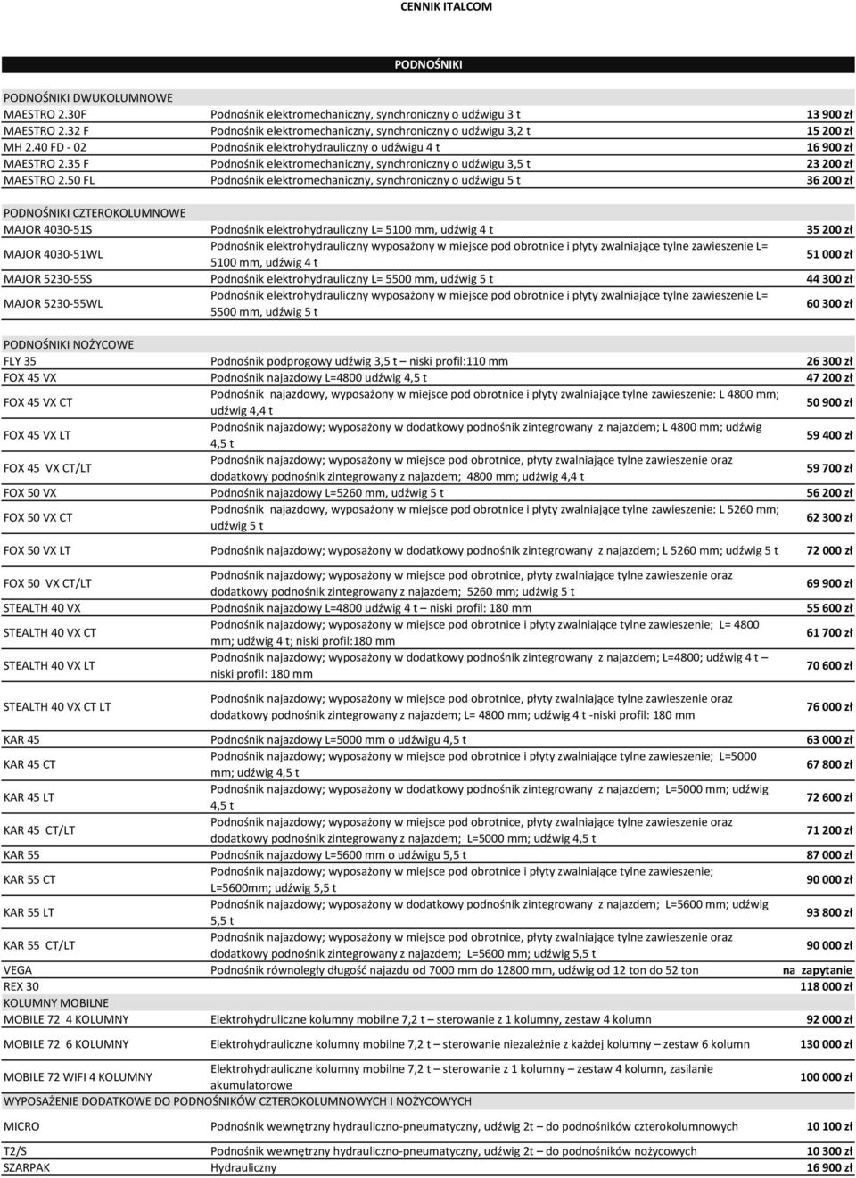 50 FL Podnośnik elektromechaniczny, synchroniczny o udźwigu 5 t 36200 zł PODNOŚNIKI CZTEROKOLUMNOWE MAJOR 4030-51S Podnośnik elektrohydrauliczny L= 5100 mm, udźwig 4 t 35200 zł MAJOR 4030-51WL