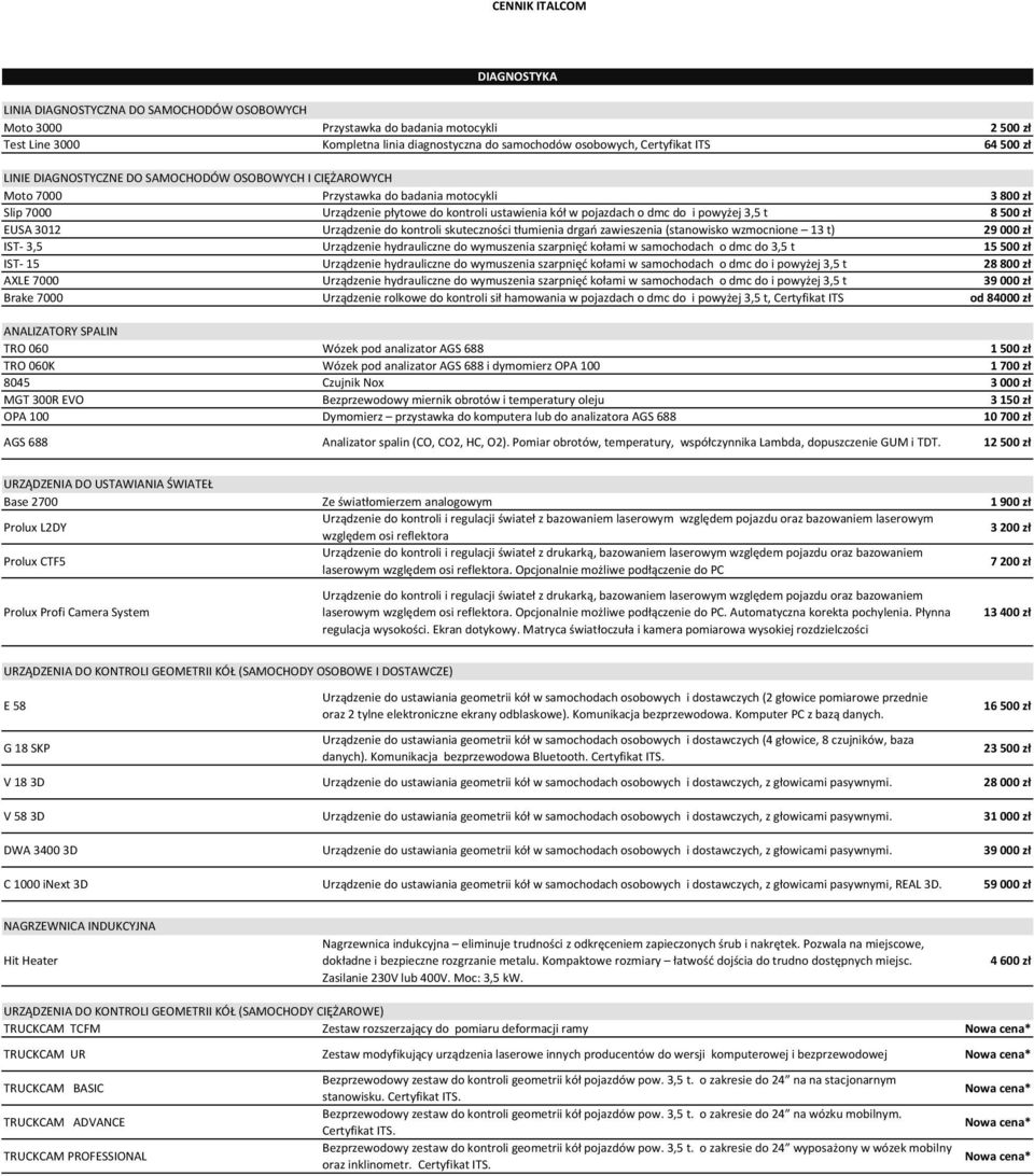 t 8500 zł EUSA 3012 Urządzenie do kontroli skuteczności tłumienia drgań zawieszenia (stanowisko wzmocnione 13 t) 29000 zł IST- 3,5 Urządzenie hydrauliczne do wymuszenia szarpnięć kołami w samochodach