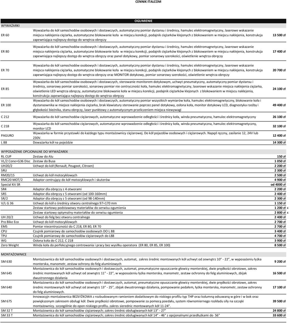 kół samochodów osobowych i dostawczych, automatyczny pomiar dystansu i średnicy, hamulec elektromagnetyczny, laserowe wskazanie miejsca naklejenia ciężarka, automatyczne blokowanie koła w miejscu