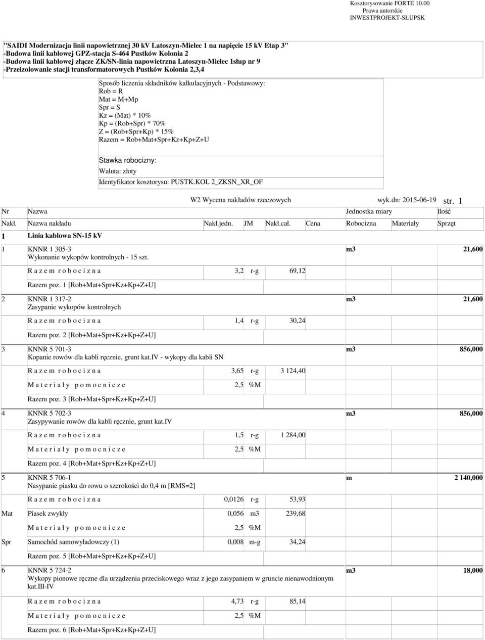 linii kablowej złącze ZK/SN-linia napowietrzna Latoszyn-Mielec 1słup nr 9 -Przeizolowanie stacji transforatorowych Pustków Kolonia 2,3,4 Sposób liczenia składników kalkulacyjnych - Podstawowy: Rob =