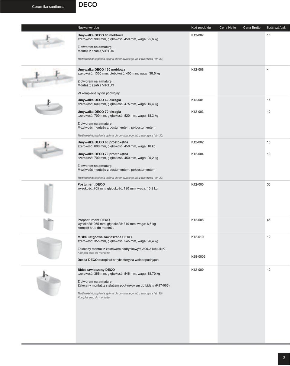 kg Umywalka DECO 70 okr 1 7g 1 7a szeroko 1 7 1 7: 700 mm, g 1 7 1 7boko 1 7 1 7: 520 mm, waga: 18,3 kg K-001 K-003 15 Umywalka DECO 60 prostok 1 7tna szeroko 1 7 1 7: 600 mm, g 1 7 1 7boko 1 7 1 7: