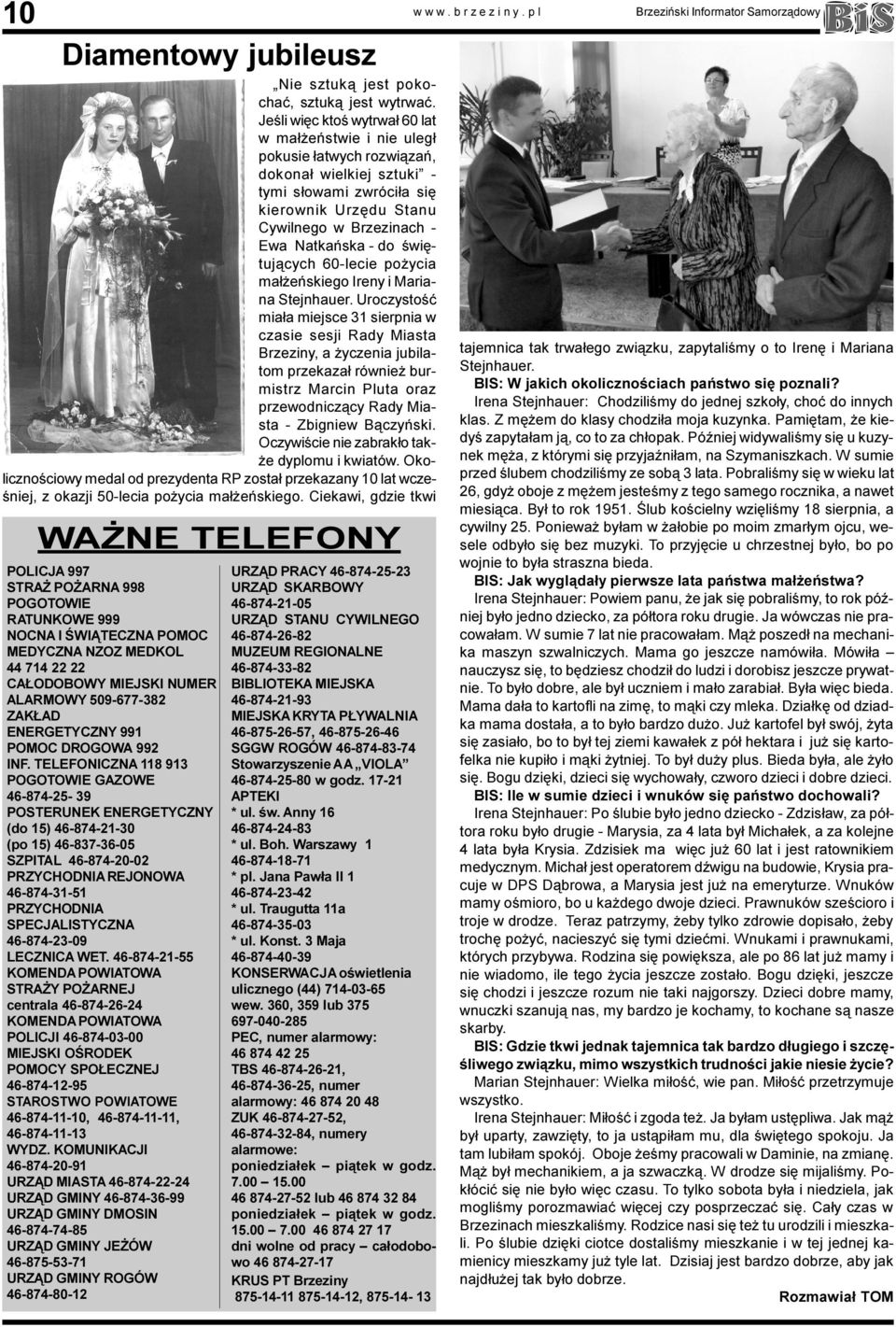 wiêtuj¹cych 60-lecie po ycia ma³ eñskiego Ireny i Mariana Stejnhauer.