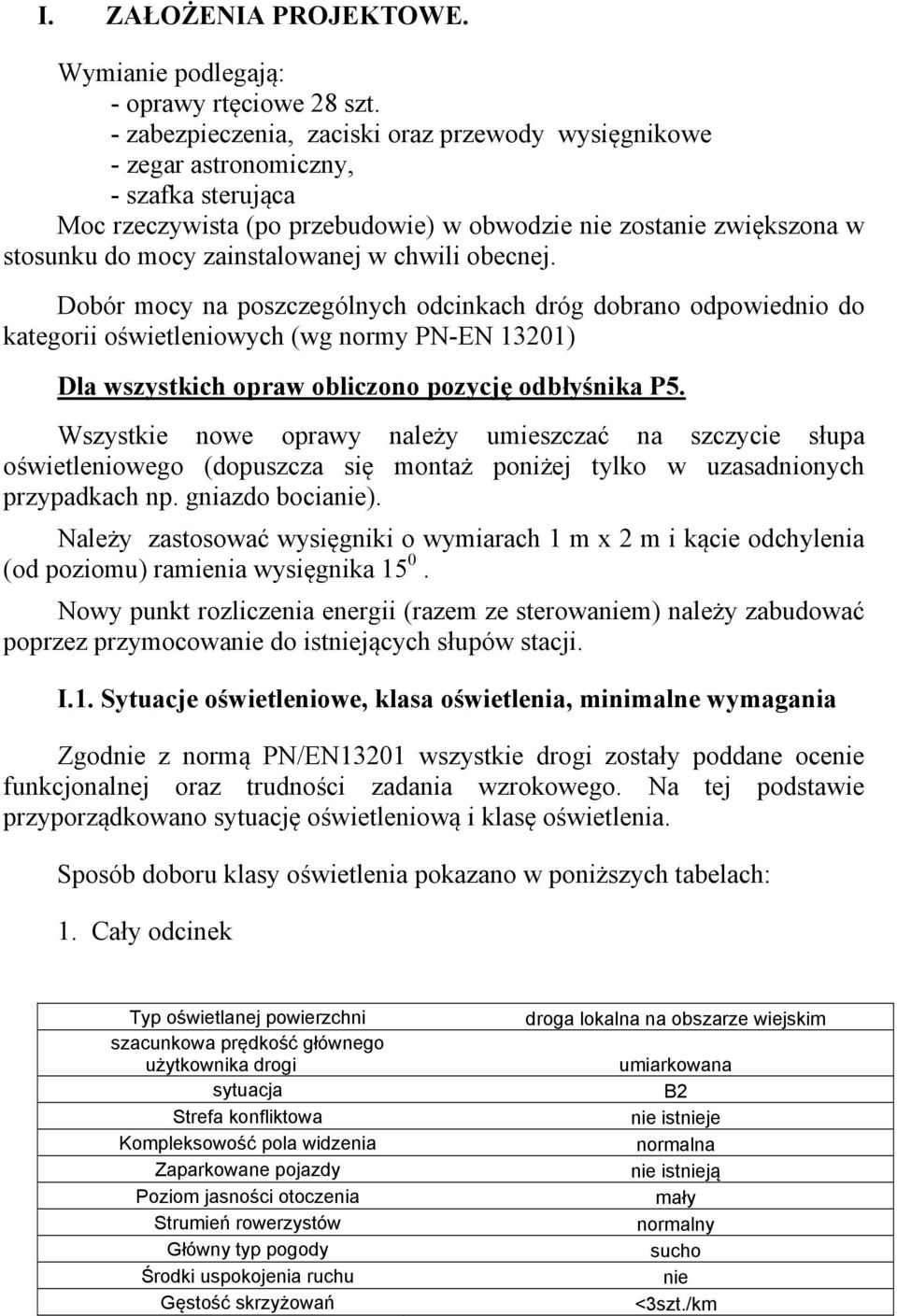 chwili obecnej. Dobór mocy na poszczególnych odcinkach dróg dobrano odpowiednio do kategorii o wietleniowych (wg normy PN-EN 13201) Dla wszystkich opraw obliczono pozycj odb y nika P5.