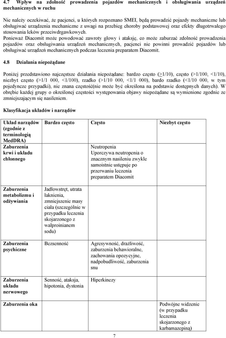 Ponieważ Diacomit może powodować zawroty głowy i ataksję, co może zaburzać zdolność prowadzenia pojazdów oraz obsługiwania urządzeń mechanicznych, pacjenci nie powinni prowadzić pojazdów lub