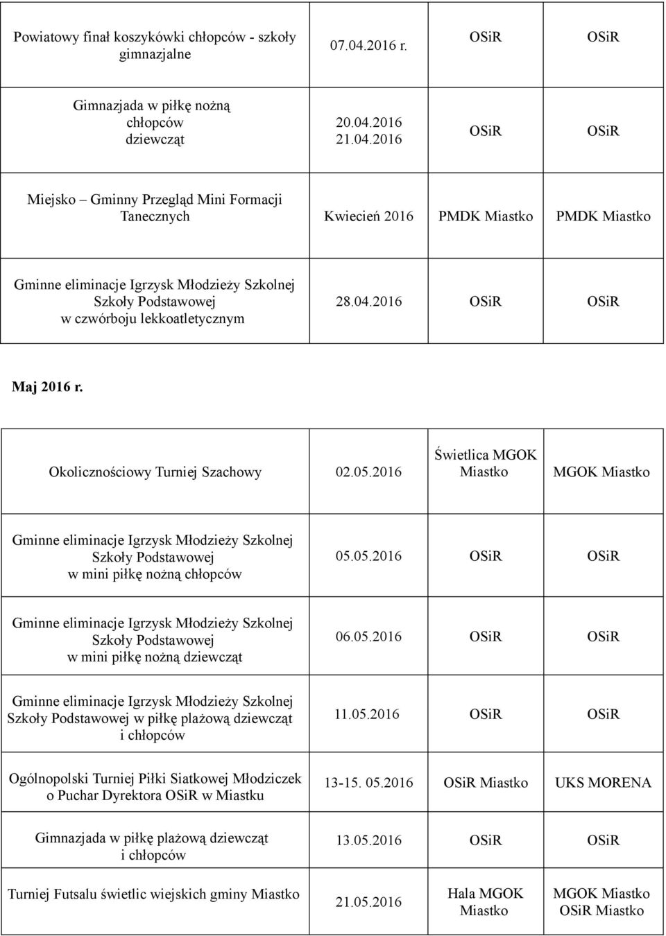 2016 21.04.2016 Miejsko Gminny Przegląd Mini Formacji Tanecznych Kwiecień 2016 PMDK PMDK w czwórboju lekkoatletycznym 28.04.2016 Maj 2016 r.