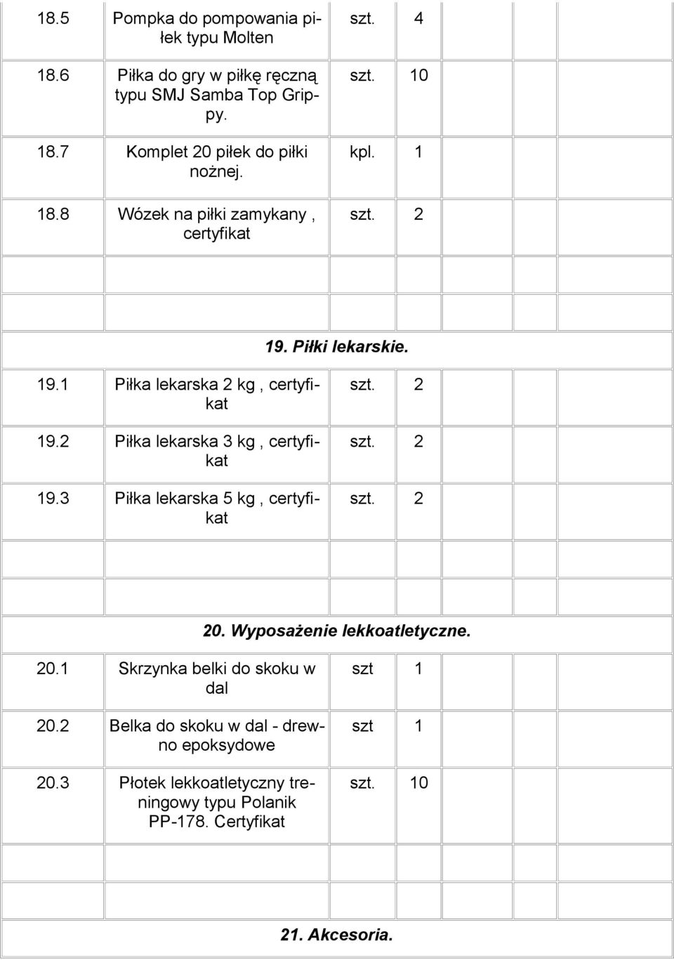 3 Piłka lekarska 5 kg, 20. Wyposażenie lekkoatletyczne. 20.1 Skrzynka belki do skoku w dal 20.
