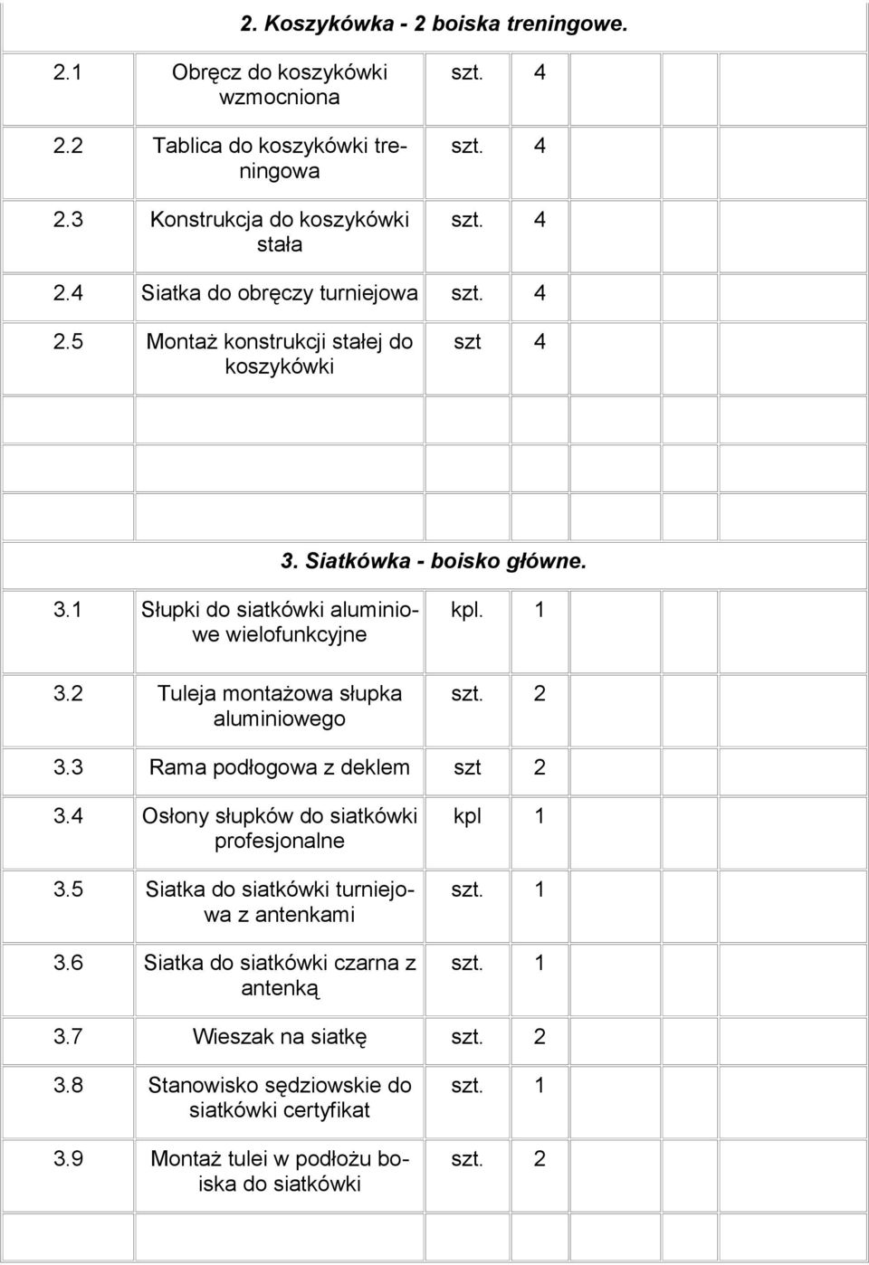 2 Tuleja montażowa słupka aluminiowego kpl. 1 3.3 Rama podłogowa z deklem 3.4 Osłony słupków do siatkówki profesjonalne 3.5 Siatka do siatkówki turniejowa z antenkami 3.