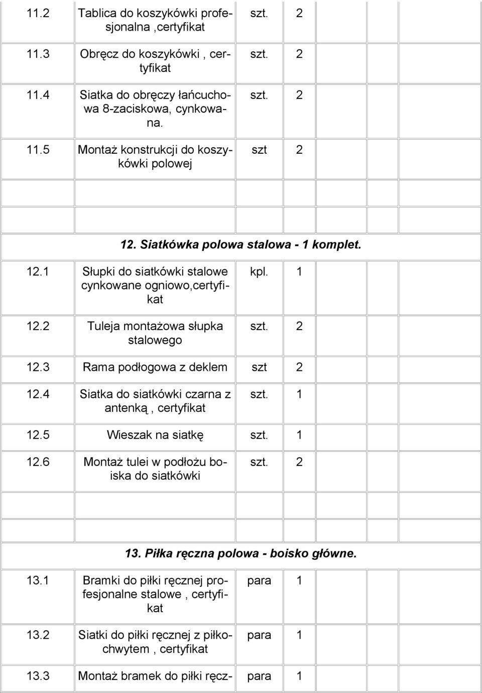 3 Rama podłogowa z deklem 12.4 Siatka do siatkówki czarna z antenką, szt. 1 12.5 Wieszak na siatkę szt. 1 12.6 Montaż tulei w podłożu boiska do siatkówki 13.