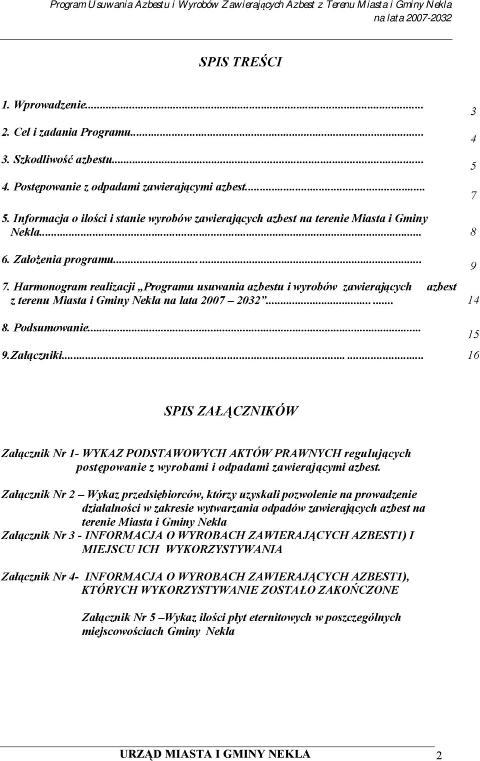 Harmonogram realizacji Programu usuwania azbestu i wyrobów zawierających azbest z terenu Miasta i Gminy Nekla na lata 2007 2032...... 14 8. Podsumowanie... 9.Załączniki.