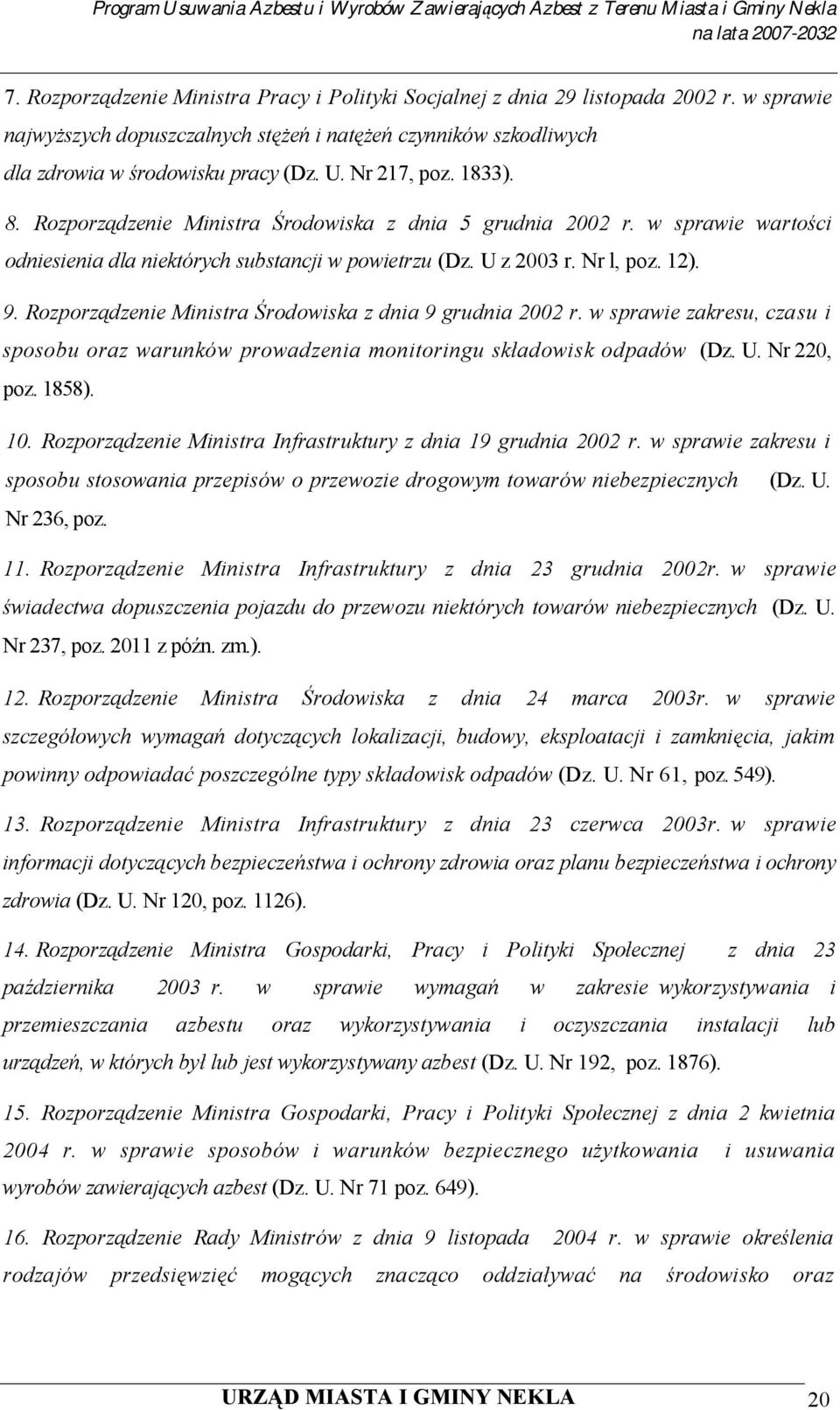 Rozporządzenie Ministra Środowiska z dnia 9 grudnia 2002 r. w sprawie zakresu, czasu i sposobu oraz warunków prowadzenia monitoringu składowisk odpadów (Dz. U. Nr 220, poz. 1858). 10.