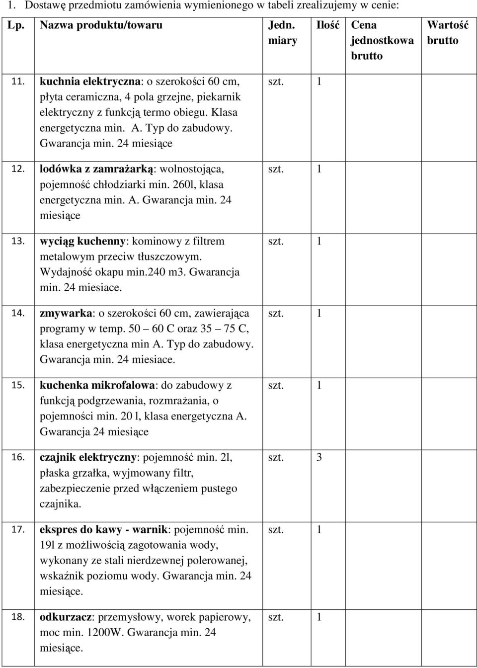 lodówka z zamraŝarką: wolnostojąca, pojemność chłodziarki min. 260l, klasa energetyczna min. A. Gwarancja min. 24 miesiące 13. wyciąg kuchenny: kominowy z filtrem metalowym przeciw tłuszczowym.