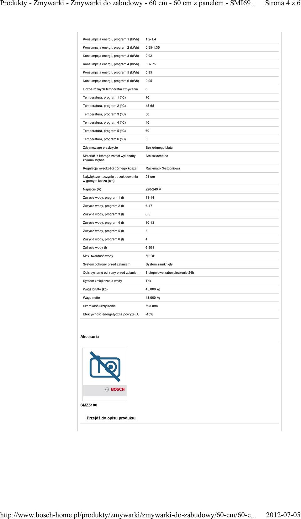05 Liczba różnych temperatur zmywania 6 Temperatura, program 1 ( C) 70 Temperatura, program 2 ( C) 45-65 Temperatura, program 3 ( C) 50 Temperatura, program 4 ( C) 40 Temperatura, program 5 ( C) 60