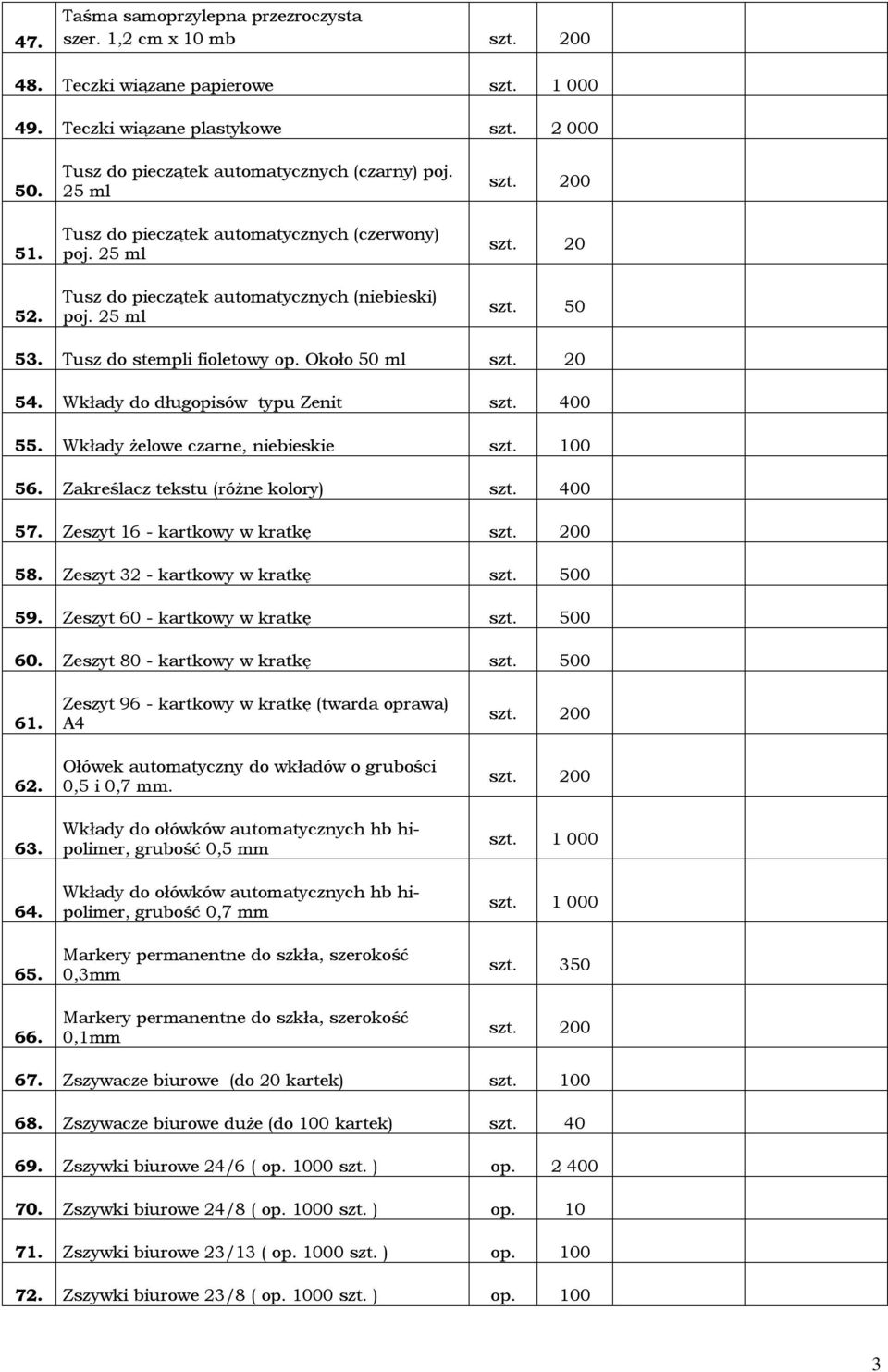 Tusz do stempli fioletowy op. Około 50 ml szt. 20 54. Wkłady do długopisów typu Zenit szt. 400 55. Wkłady żelowe czarne, niebieskie szt. 100 56. Zakreślacz tekstu (różne kolory) szt. 400 57.