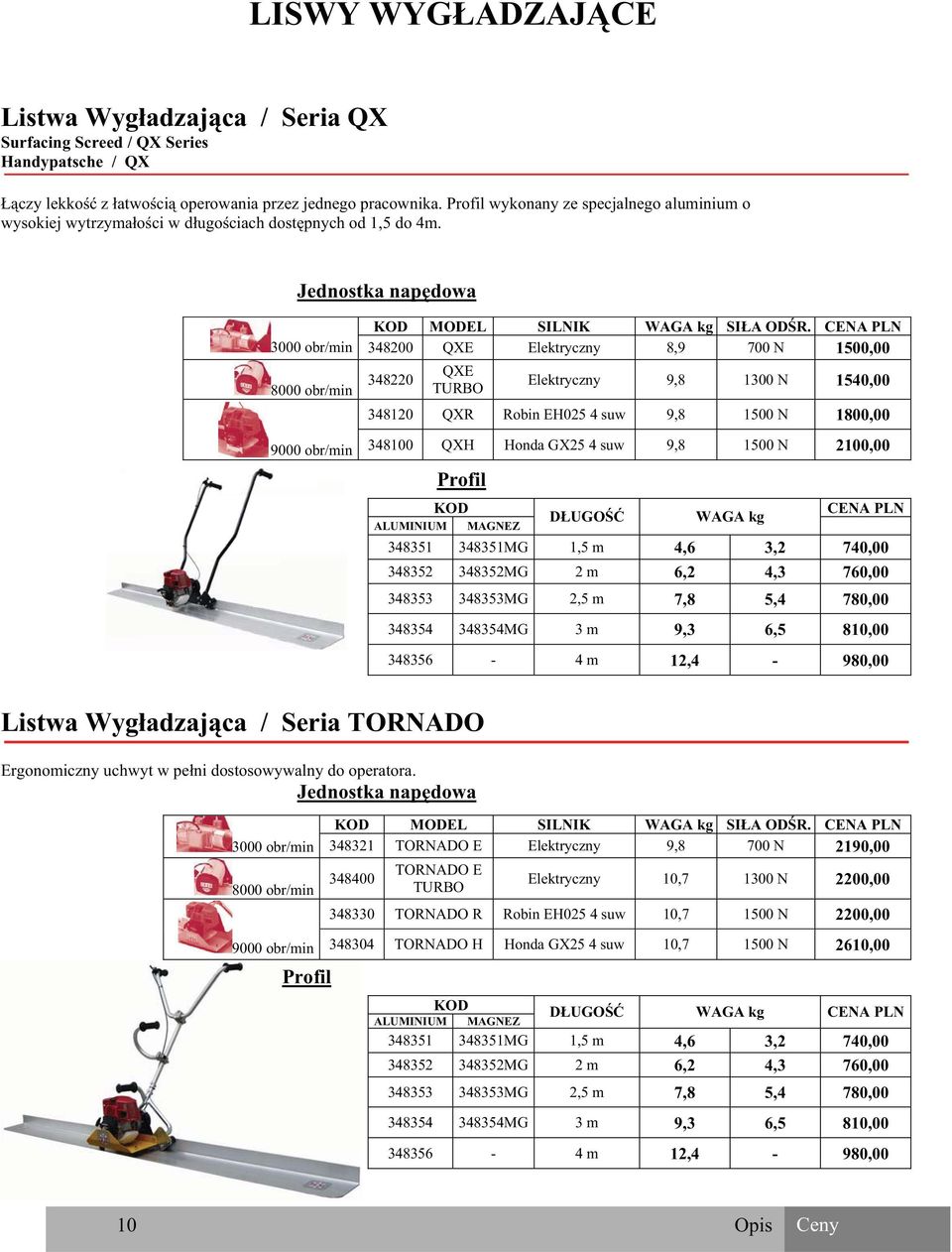 CENA 3000 obr/min 348200 QXE Elektryczny 8,9 700 N 1500,00 QXE 348220 Elektryczny 9,8 1300 N 1540,00 8000 obr/min TURBO 348120 QXR Robin EH025 4 suw 9,8 1500 N 1800,00 9000 obr/min 348100 QXH Honda