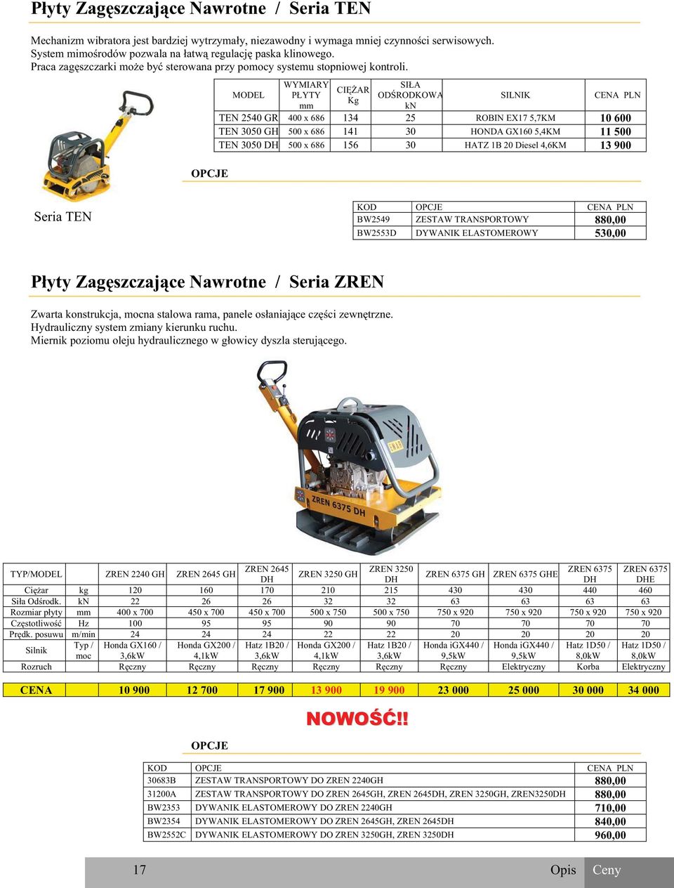 OPCJE MODEL WYMIARY P YTY mm CI AR Kg SI A OD RODKOWA kn SILNIK CENA TEN 2540 GR 400 x 686 134 25 ROBIN EX17 5,7KM 10 600 TEN 3050 GH 500 x 686 141 30 HONDA GX160 5,4KM 11 500 TEN 3050 DH 500 x 686