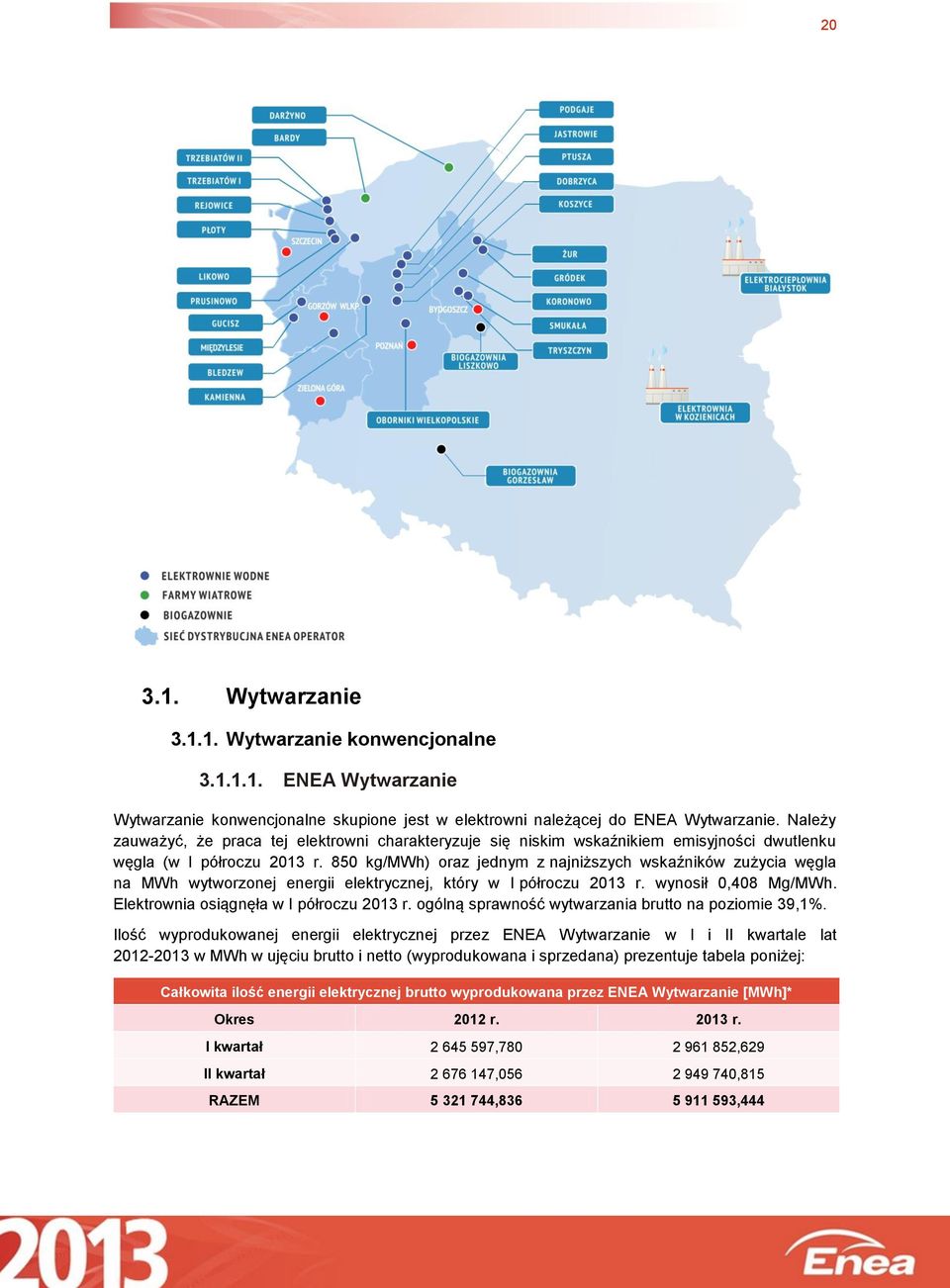 wytworzonej energii elektrycznej, który w I półroczu wynosił 0,408 Mg/MWh. Elektrownia osiągnęła w I półroczu ogólną sprawność wytwarzania brutto na poziomie 39,1%.