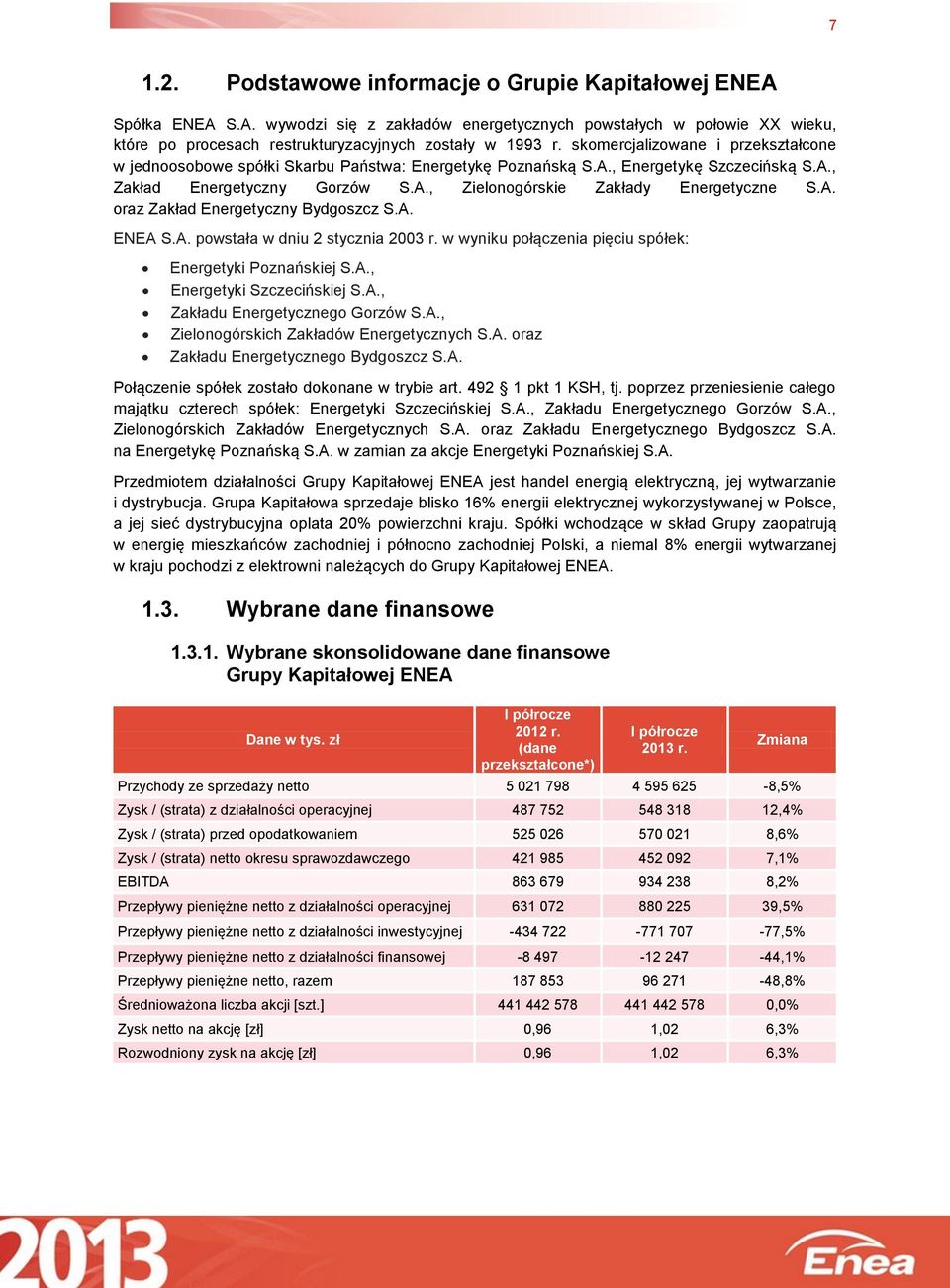 A. oraz Zakład Energetyczny Bydgoszcz S.A. ENEA S.A. powstała w dniu 2 stycznia 2003 r. w wyniku połączenia pięciu spółek: Energetyki Poznańskiej S.A., Energetyki Szczecińskiej S.A., Zakładu Energetycznego Gorzów S.