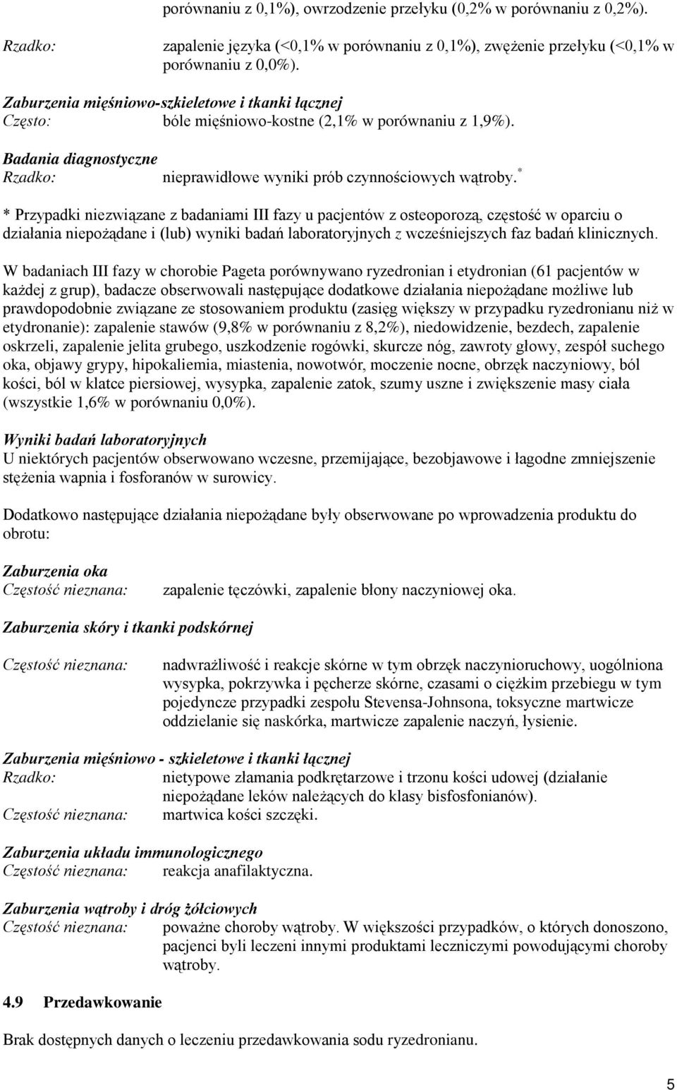 * * Przypadki niezwiązane z badaniami III fazy u pacjentów z osteoporozą, częstość w oparciu o działania niepożądane i (lub) wyniki badań laboratoryjnych z wcześniejszych faz badań klinicznych.