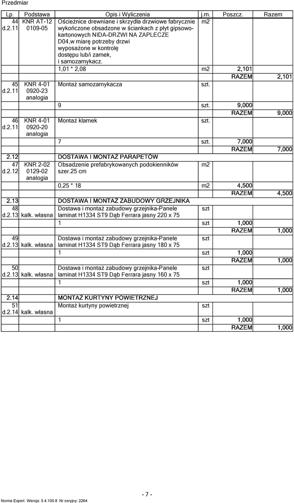drzwi wyposażone w kontrolę dostępu lub/i zaek, i saozaykacz.,0 * 2,08 j.. Poszcz. Raze 5 d.2. KNR -0 0920-2 Montaż saozaykacza 9.. d.2. KNR -0 0920-20 Montaż klaek.. d.2.2 KNR 2-02 029-02 Obsadzenie prefabrykowanych podokienników szer.