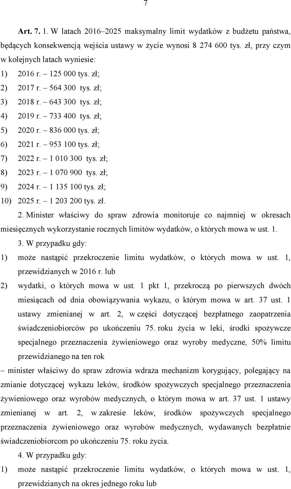 1 070 900 tys. zł; 9) 2024 r. 1 135 100 tys. zł; 10) 2025 r. 1 203 200 tys. zł. 2. Minister właściwy do spraw zdrowia monitoruje co najmniej w okresach miesięcznych wykorzystanie rocznych limitów wydatków, o których mowa w ust.