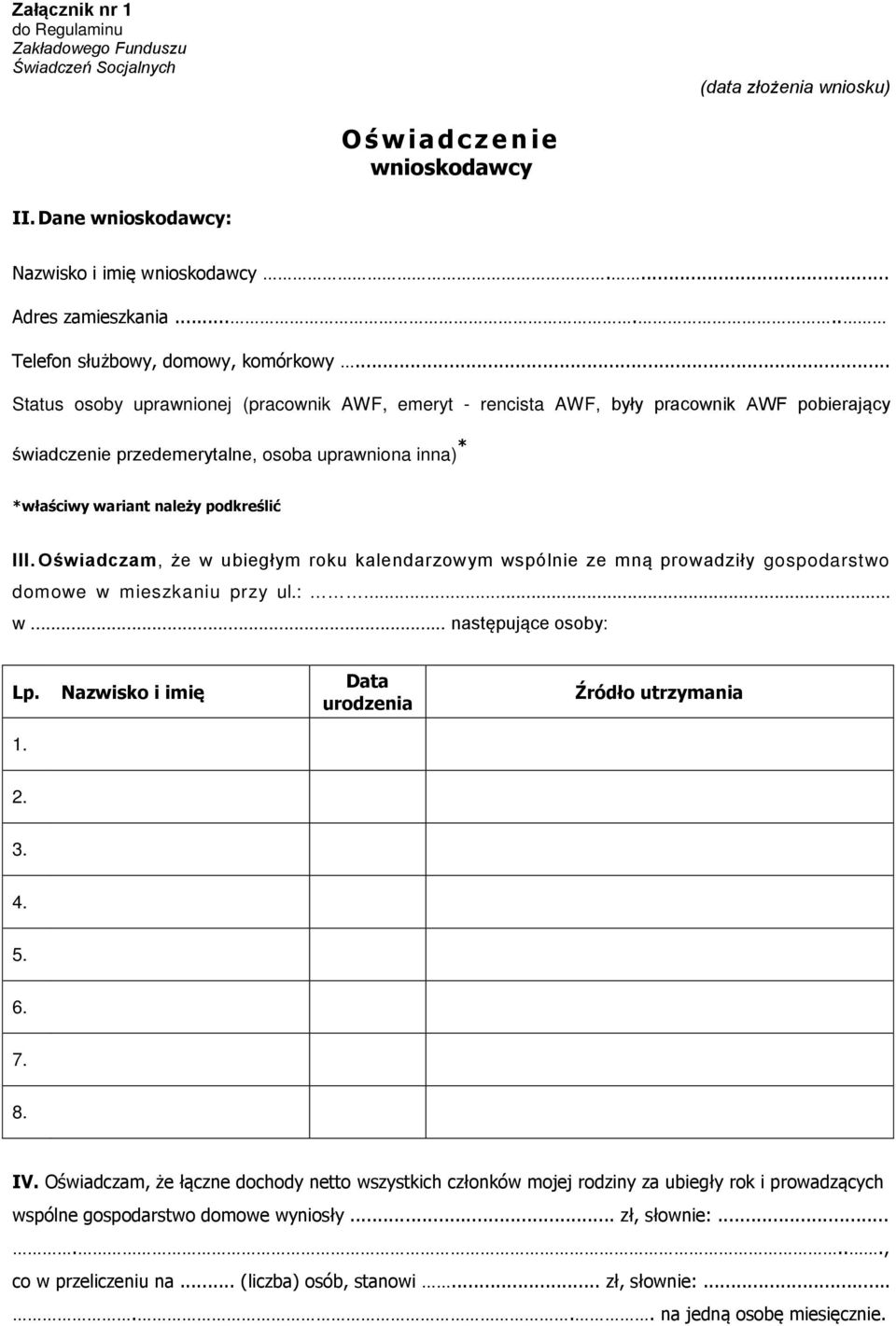 .. Status osoby uprawnionej (pracownik AWF, emeryt - rencista AWF, były pracownik AWF pobierający świadczenie przedemerytalne, osoba uprawniona inna) * *właściwy wariant należy podkreślić III.