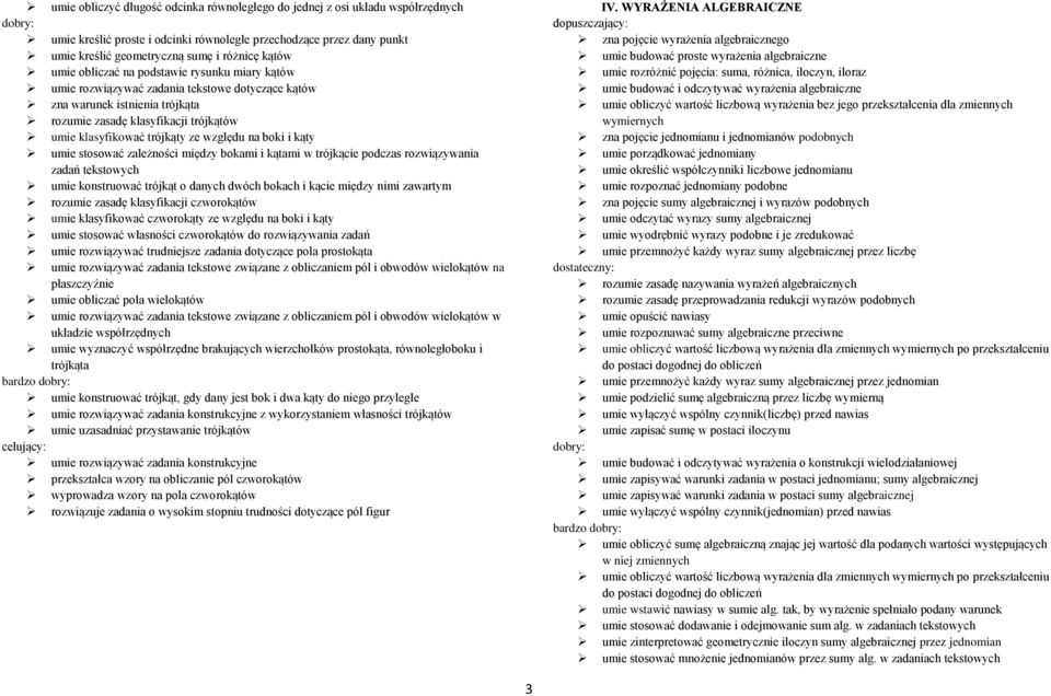 względu na boki i kąty umie stosować zależności między bokami i kątami w trójkącie podczas rozwiązywania zadań tekstowych umie konstruować trójkąt o danych dwóch bokach i kącie między nimi zawartym