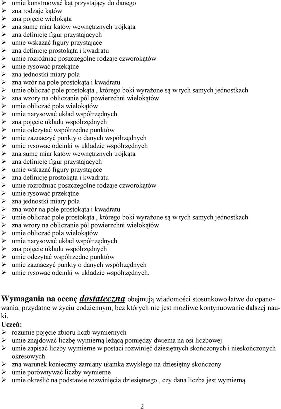 którego boki wyrażone są w tych samych jednostkach zna wzory na obliczanie pól powierzchni wielokątów umie obliczać pola wielokątów umie narysować układ współrzędnych zna pojęcie układu współrzędnych