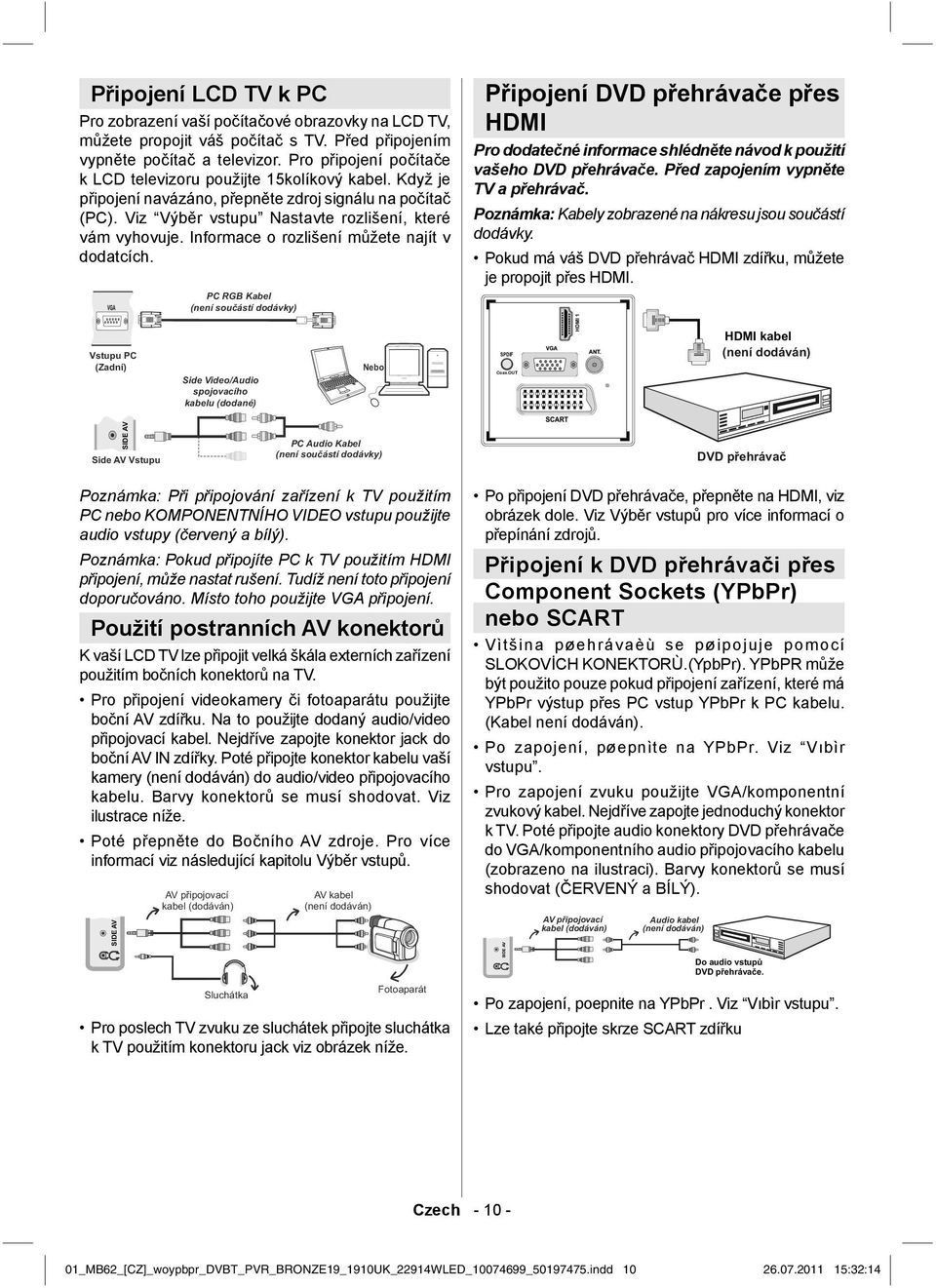 Informace o rozlišení můžete najít v dodatcích. Připojení DVD přehrávače přes HDMI Pro dodatečné informace shlédněte návod k použití vašeho DVD přehrávače. Před zapojením vypněte TV a přehrávač.