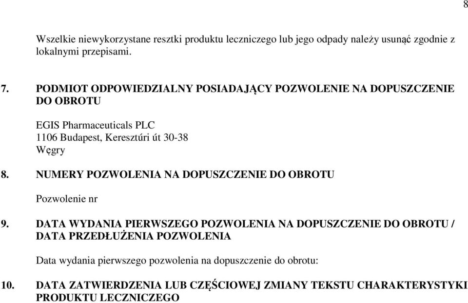 NUMERY POZWOLENIA NA DOPUSZCZENIE DO OBROTU Pozwolenie nr 9.