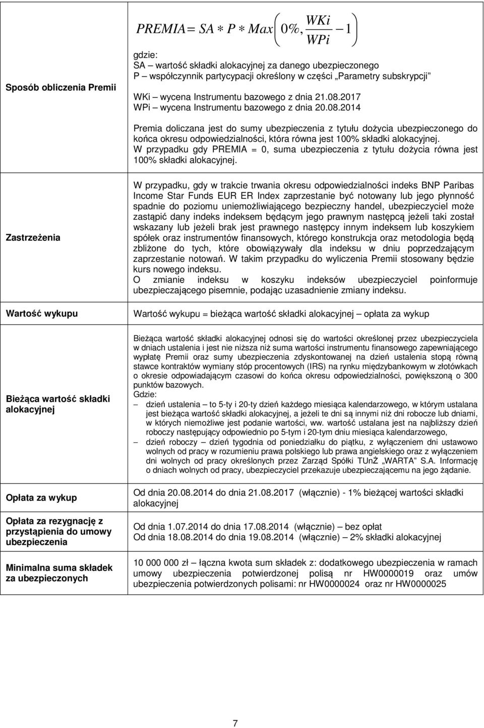 W przypadku gdy PREMIA = 0, suma ubezpieczenia z tytułu dożycia równa jest 100% składki alokacyjnej.