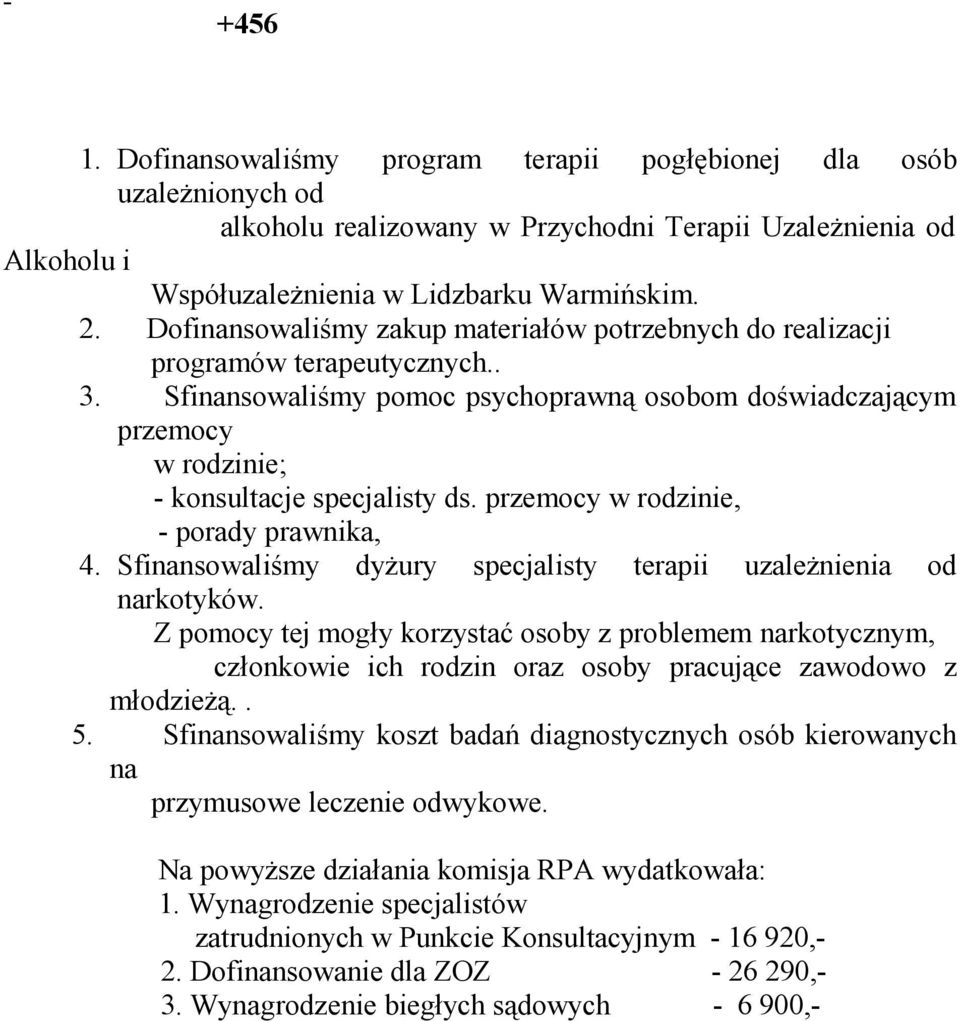 przemocy w rodzinie, - porady prawnika, 4. Sfinansowaliśmy dyŝury specjalisty terapii uzaleŝnienia od narkotyków.