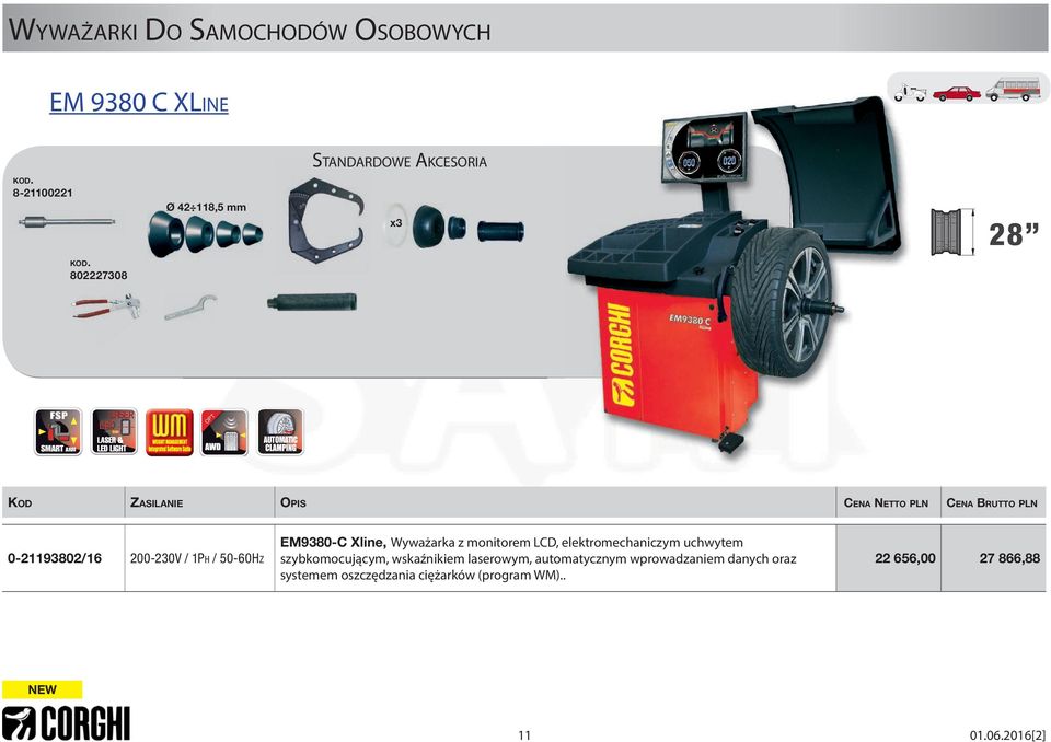0-21193802/16 200-230V / 1PH / 50-60HZ EM9380-C Xline, Wyważarka z monitorem LCD, elektromechaniczym uchwytem