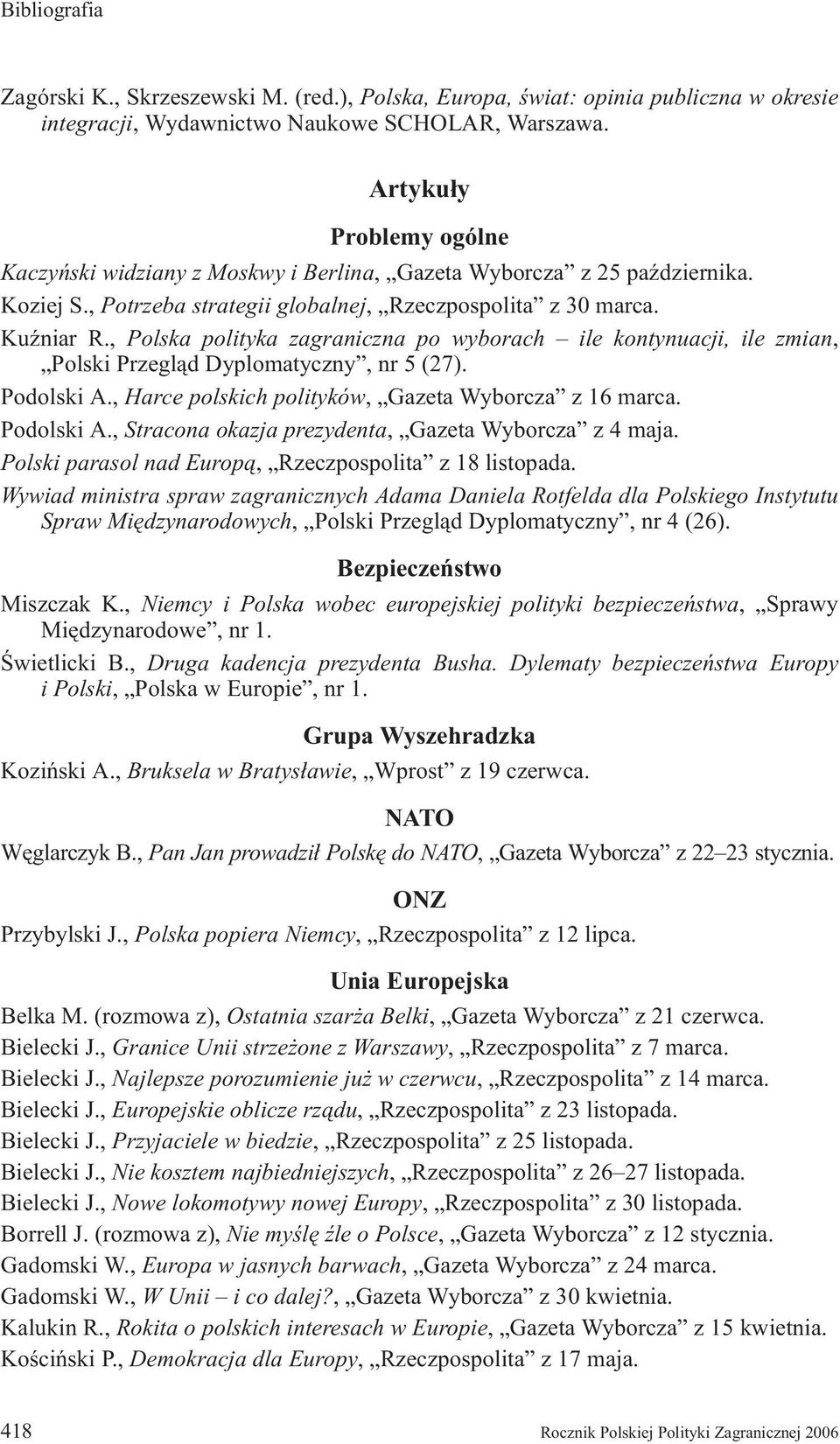 , Polska polityka zagraniczna po wyborach ile kontynuacji, ile zmian, Polski Przegl¹d Dyplomatyczny, nr 5 (27). Podolski A., Harce polskich polityków, Gazeta Wyborcza z 16 marca. Podolski A., Stracona okazja prezydenta, Gazeta Wyborcza z 4 maja.