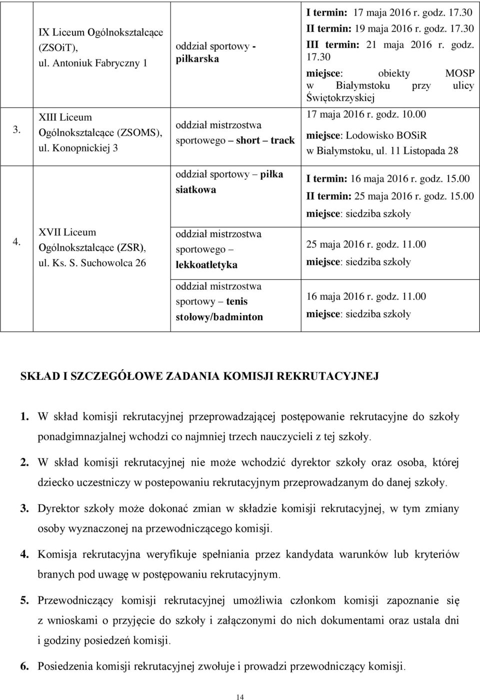 11 Listopada 28 oddział sportowy piłka siatkowa I termin: 16 maja 2016 r. godz. 15.00 II termin: 25 maja 2016 r. godz. 15.00 miejsce: siedziba szkoły 4. XVII Liceum Ogólnokształcące (ZSR), ul. Ks. S.