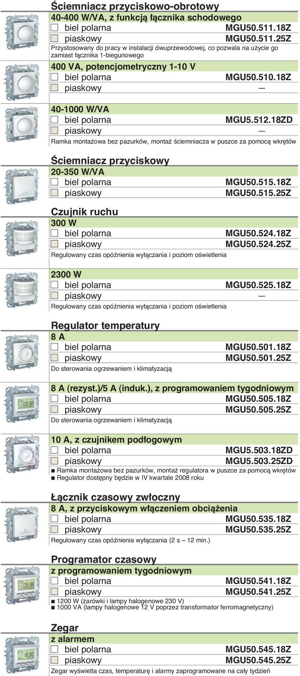 18ZD Ramka monta owa bez pazurków, monta Êciemniacza w puszce za pomocà wkr tów Âciemniacz przyciskowy 20-350 W/VA MGU50.515.