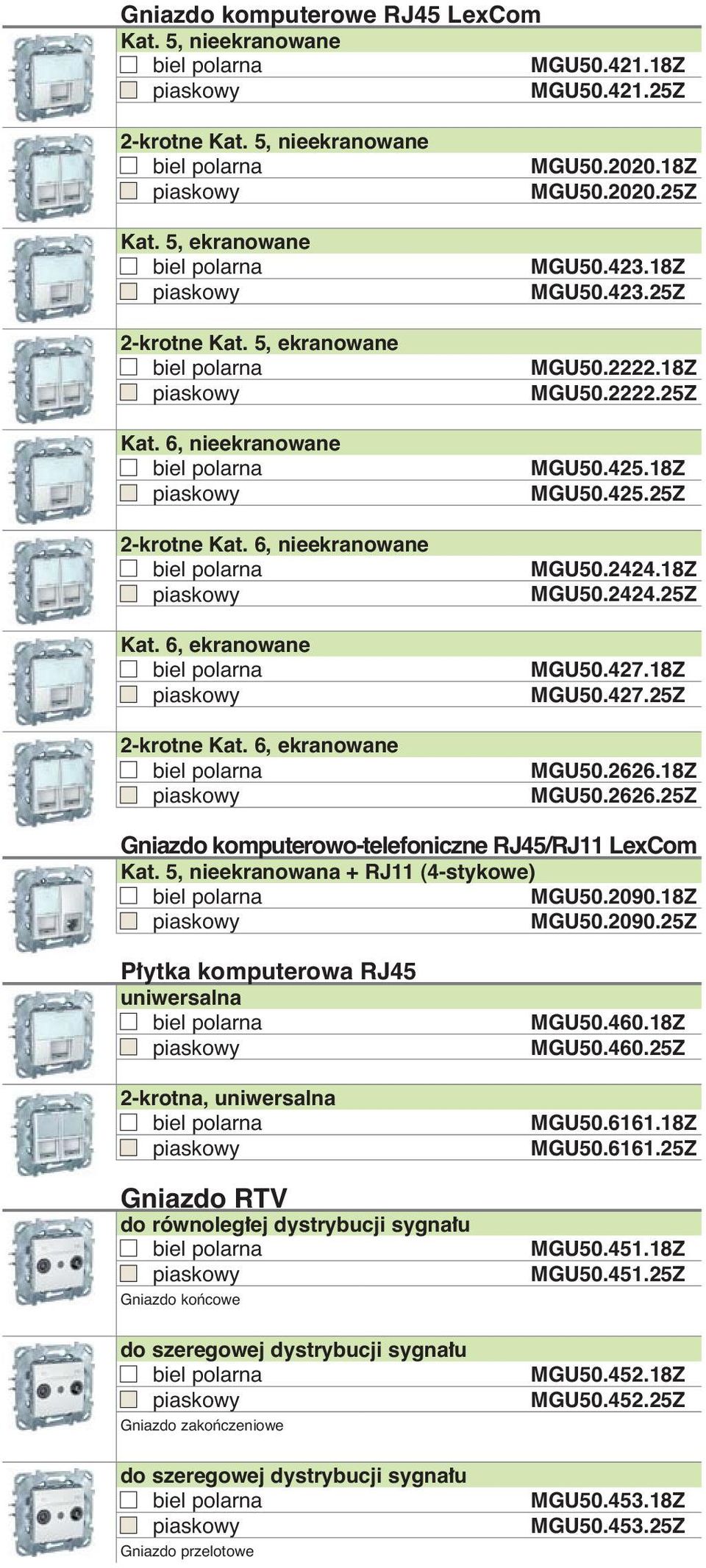 18Z MGU50.2424.25Z MGU50.427.18Z MGU50.427.25Z MGU50.2626.18Z MGU50.2626.25Z Gniazdo komputerowo-telefoniczne RJ45/RJ11 LexCom Kat. 5, nieekranowana + RJ11 (4-stykowe) MGU50.2090.
