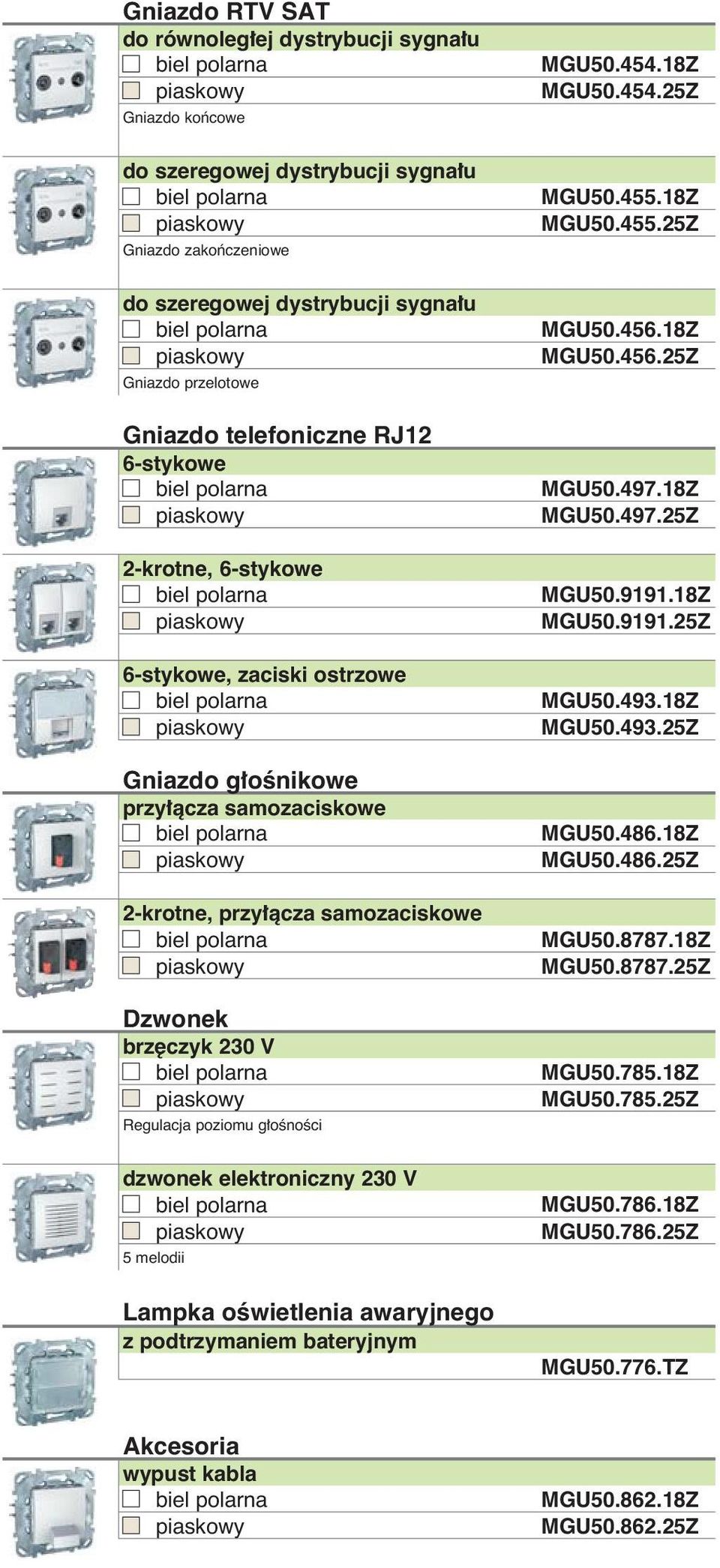 elektroniczny 230 V 5 melodii Lampka oêwietlenia awaryjnego z podtrzymaniem bateryjnym MGU50.454.18Z MGU50.454.25Z MGU50.455.18Z MGU50.455.25Z MGU50.456.18Z MGU50.456.25Z MGU50.497.18Z MGU50.497.25Z MGU50.9191.