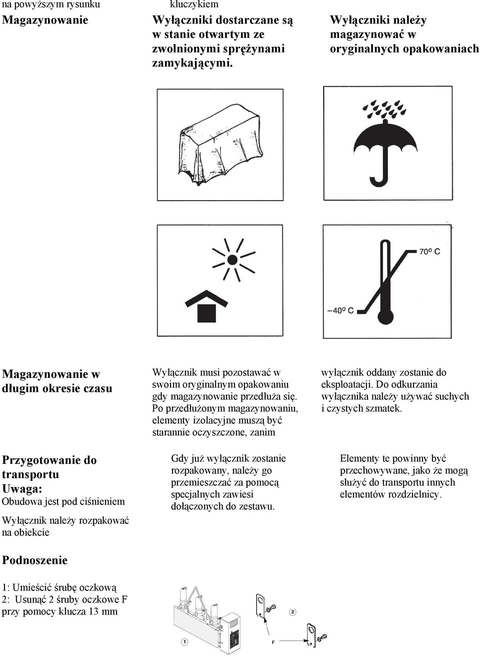 Podnoszenie 1: Umieścić śrubę oczkową 2: Usunąć 2 śruby oczkowe F przy pomocy klucza 13 mm Wyłącznik musi pozostawać w swoim oryginalnym opakowaniu gdy magazynowanie przedłuża się.