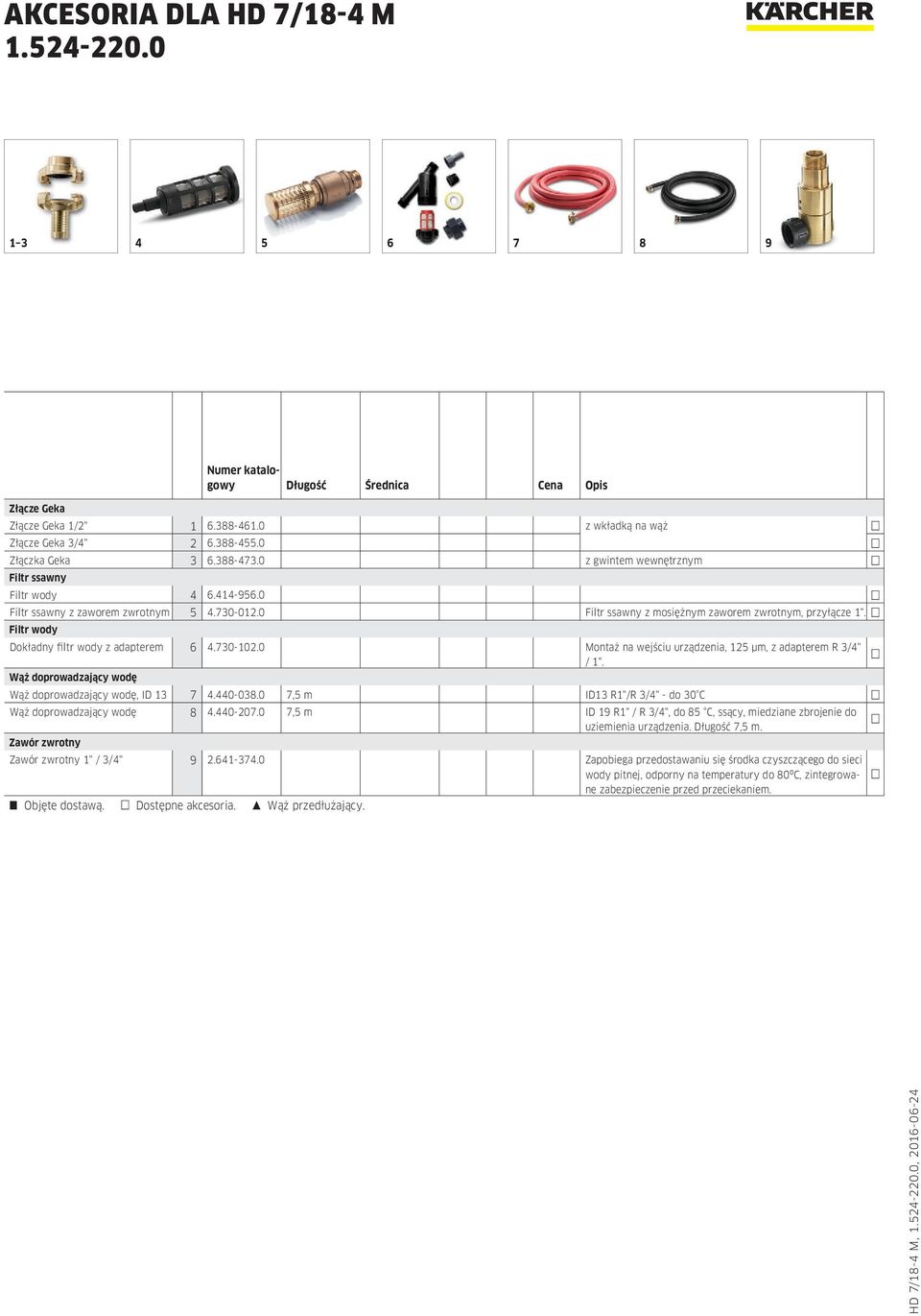 Filtr wody Dokładny filtr wody z adapterem 6 4.730-102.0 Montaż na wejściu urządzenia, 125 μm, z adapterem R 3/4" / 1". Wąż doprowadzający wodę Wąż doprowadzający wodę, ID 13 7 4.440-038.