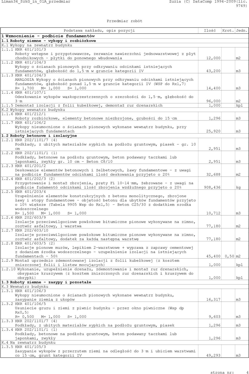 pionowych przy odkrywaniu odcinkami istniejących fundamentów, głębokość ponad 1,5 m w gruncie kategorii IV (WSP do Rx1,7) R= 1,700 M= 1,000 S= 1,000 14,400 m3 1.1.4 KNR 401/107/1 Odeskowanie wykopów wąskoprzestrzennych o szerokości do 1,5 m, głębokość do 3 m 96,000 m2 1.
