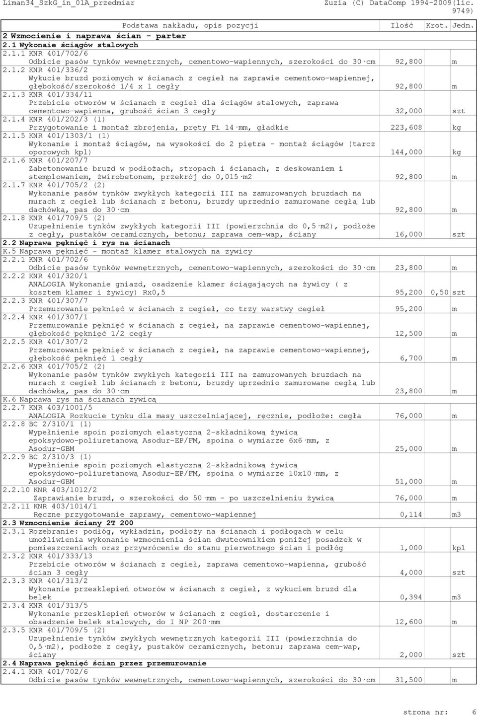 1.5 KNR 401/1303/1 (1) Wykonanie i montaż ściągów, na wysokości do 2 piętra - montaż ściągów (tarcz oporowych kpl) 144,000 kg 2.1.6 KNR 401/207/7 Zabetonowanie bruzd w podłożach, stropach i ścianach, z deskowaniem i stemplowaniem, żwirobetonem, przekrój do 0,015 m2 92,800 m 2.