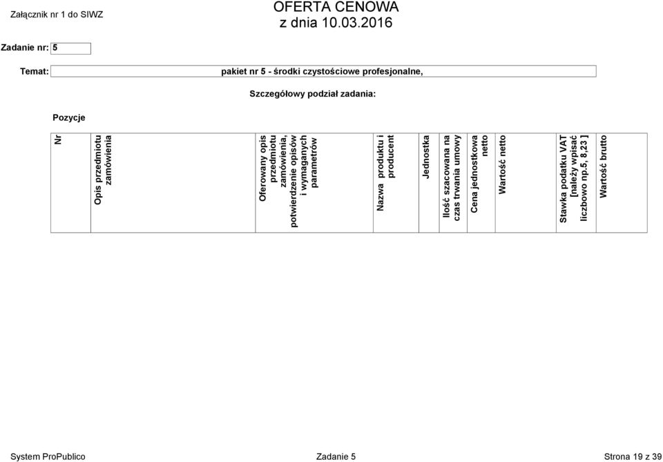 Nazwa produktu i producent Jednostka Ilość szacowana na czas trwania umowy Cena jednostkowa netto Wartość netto