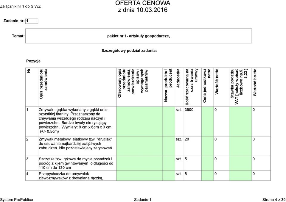 5, 8,23 ] Wartość brutto 1 Zmywak - gąbka wykonany z gąbki oraz szt. 3500 0 0 szorstkiej tkaniny. Przeznaczony do zmywania wszelkiego rodzaju naczyń i powierzchni.