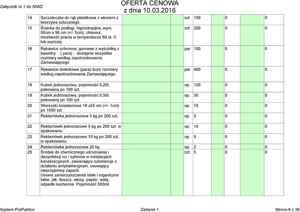 16 Rękawice ochronne, gumowe z wyściółką z par 100 0 0 bawełny ( para), dostępne wszystkie rozmiary według zapotrzebowania Zamawiającego 17 Rękawice drelichowe (para) duże rozmiary par 400 0 0 według