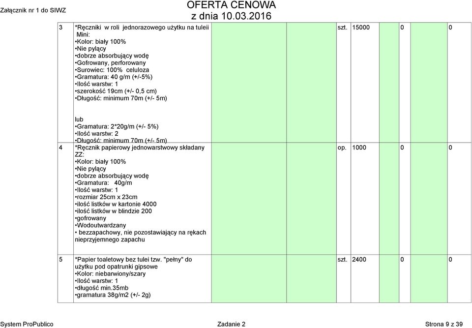 minimum 70m (+/- 5m) lub Gramatura: 2*20g/m (+/- 5%) Ilość warstw: 2 Długość: minimum 70m (+/- 5m) 4 *Ręcznik papierowy jednowarstwowy składany op.