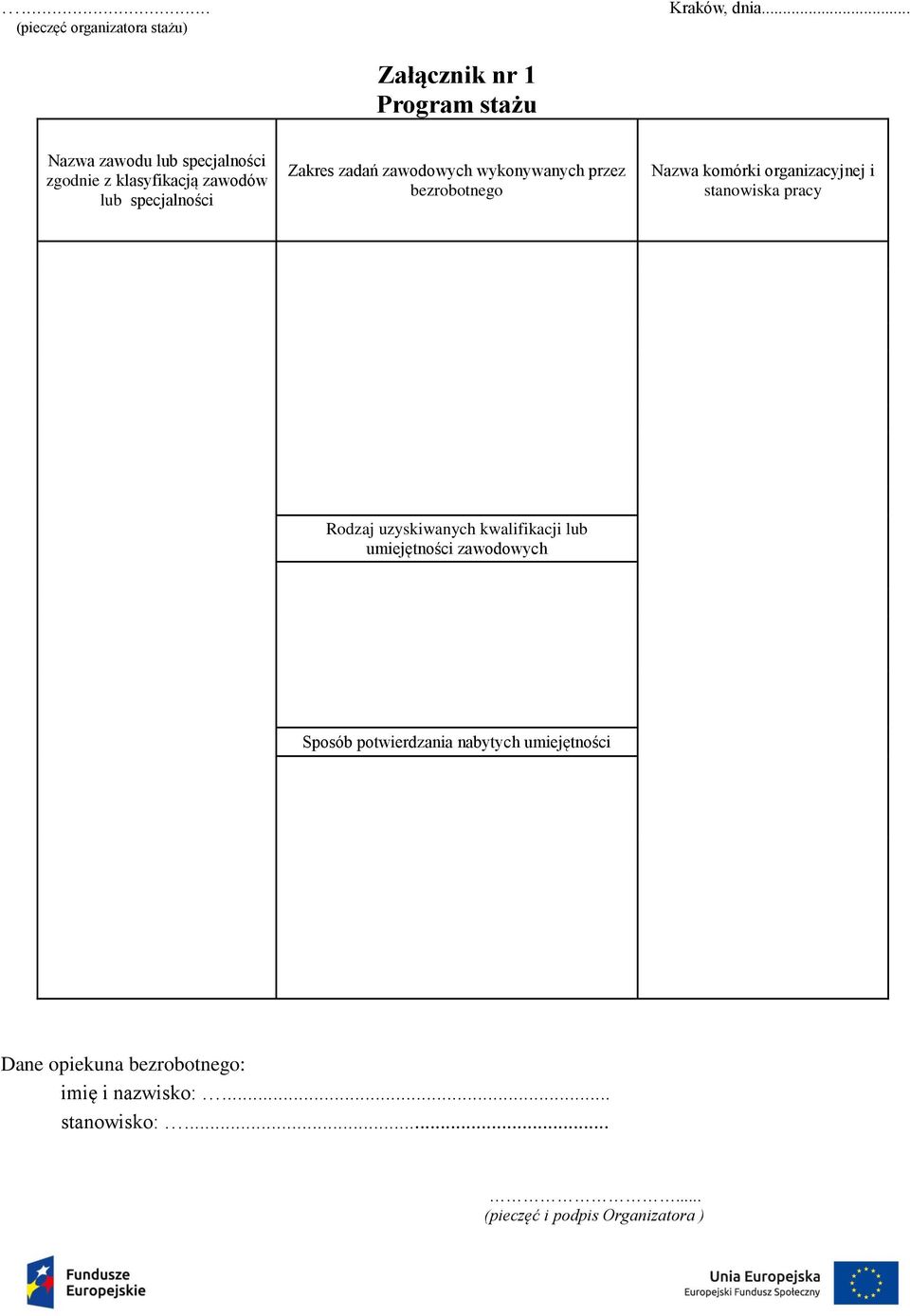 Zakres zadań zawodowych wykonywanych przez bezrobotnego Nazwa komórki organizacyjnej i stanowiska pracy Rodzaj