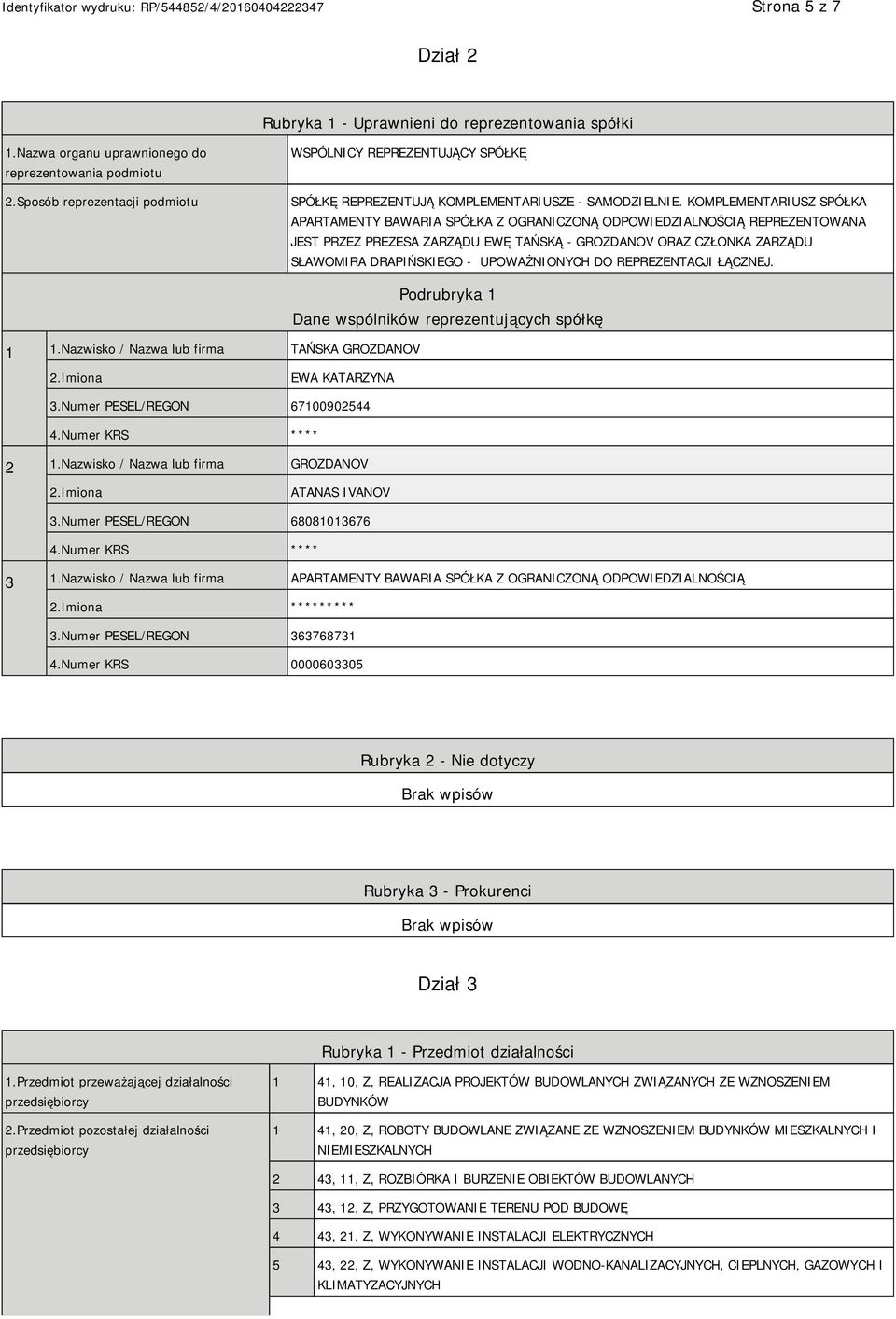 KOMPLEMENTARIUSZ SPÓŁKA APARTAMENTY BAWARIA SPÓŁKA Z OGRANICZONĄ ODPOWIEDZIALNOŚCIĄ REPREZENTOWANA JEST PRZEZ PREZESA ZARZĄDU EWĘ TAŃSKĄ - GROZDANOV ORAZ CZŁONKA ZARZĄDU SŁAWOMIRA DRAPIŃSKIEGO -