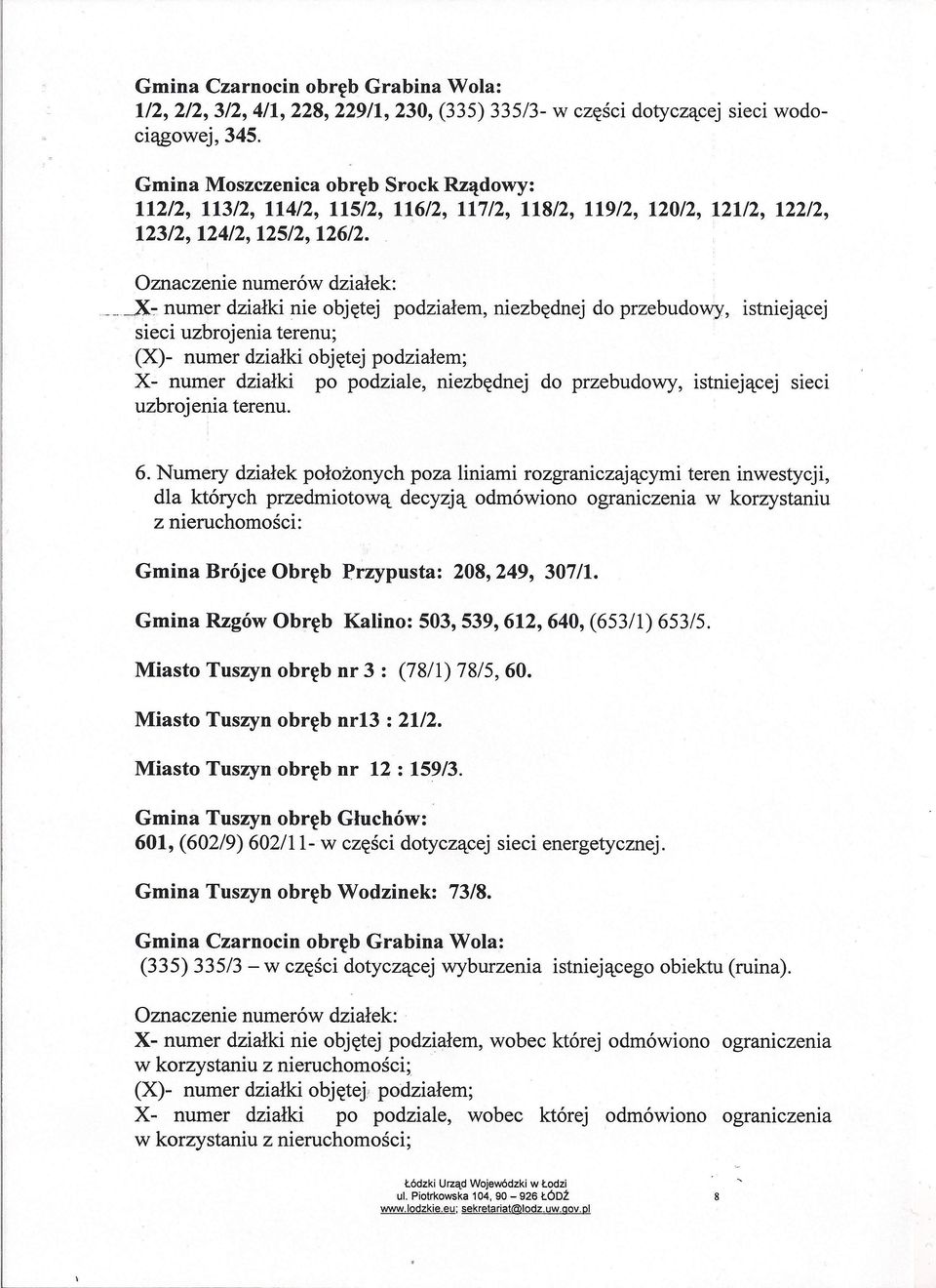 Oznaczenie numerów działek: ~X~ numer działki nie objętej podziałem, niezbędnej do przebudowy, istniejącej sieci uzbrojenia terenu; (X)- numer działki objętej podziałem; X- numer działki po podziale,